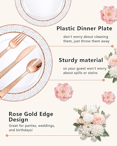 Miniatura 5 de Ciaell 350 platos de plástico de oro rosa  Platos desechables de oro rosa transparente con cubiertos de plástico que incluyen 100 platos, 150