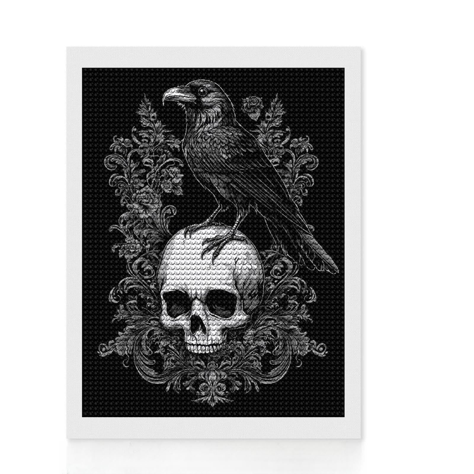 Junmoney Gothic Raven on Skull Round Drill Diamond Painting 12"x16", for Adults, Stress Relief Craft, Artistic Hobby, Aesthetic Room Decor