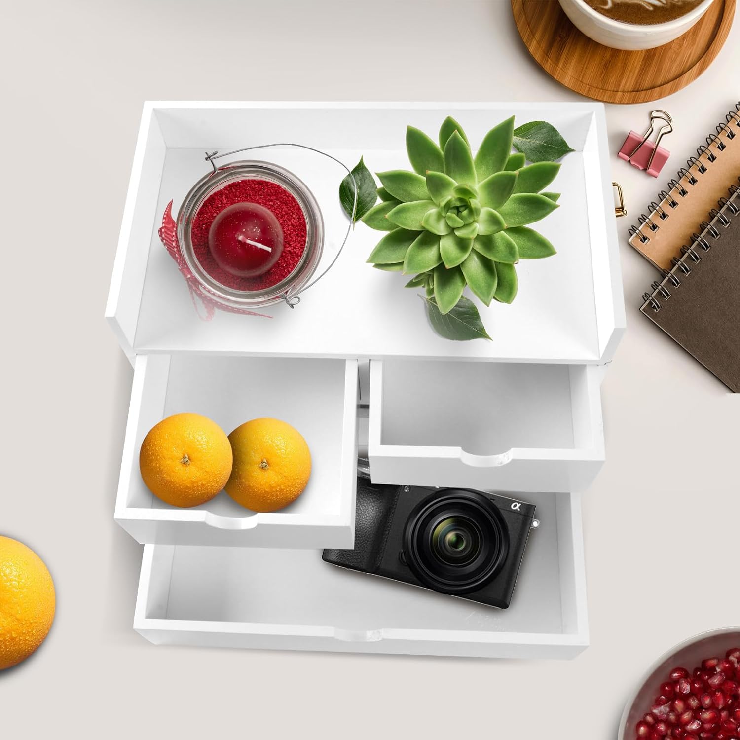 Charmewooden Bamboo Desk Organizer 3 Drawer with Shelf, Countertop Organizer with Drawers Makeup Storage Drawer 3 Drawers Tabletop Storage Organization Box Home Office Workspace（White）