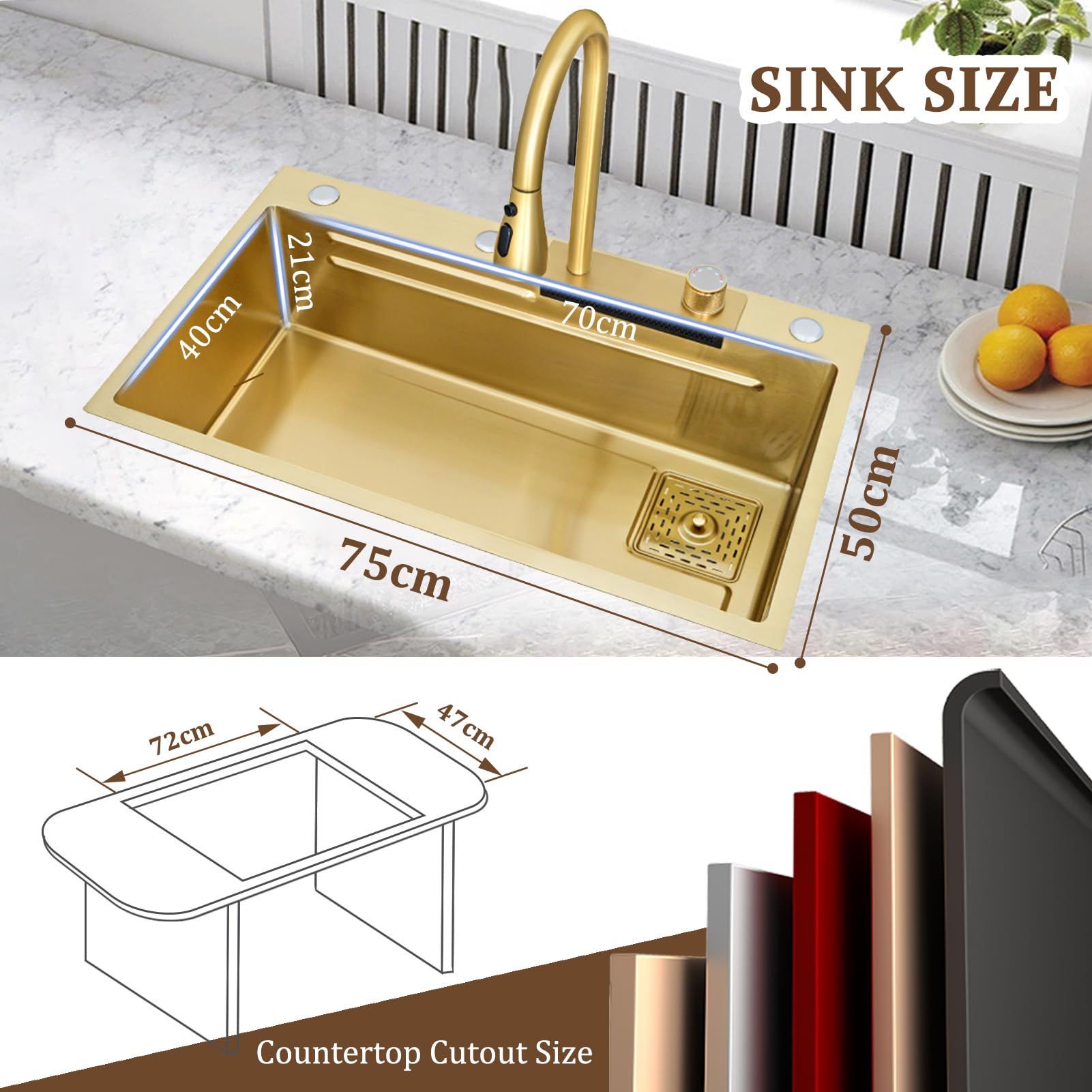 Fregadero de cocina efecto oro, 75 x 50 cm, en acero inoxidable antióxido, grifo extraíble, fregadero multifunción de montaje bajo con función de cascada, juego completo