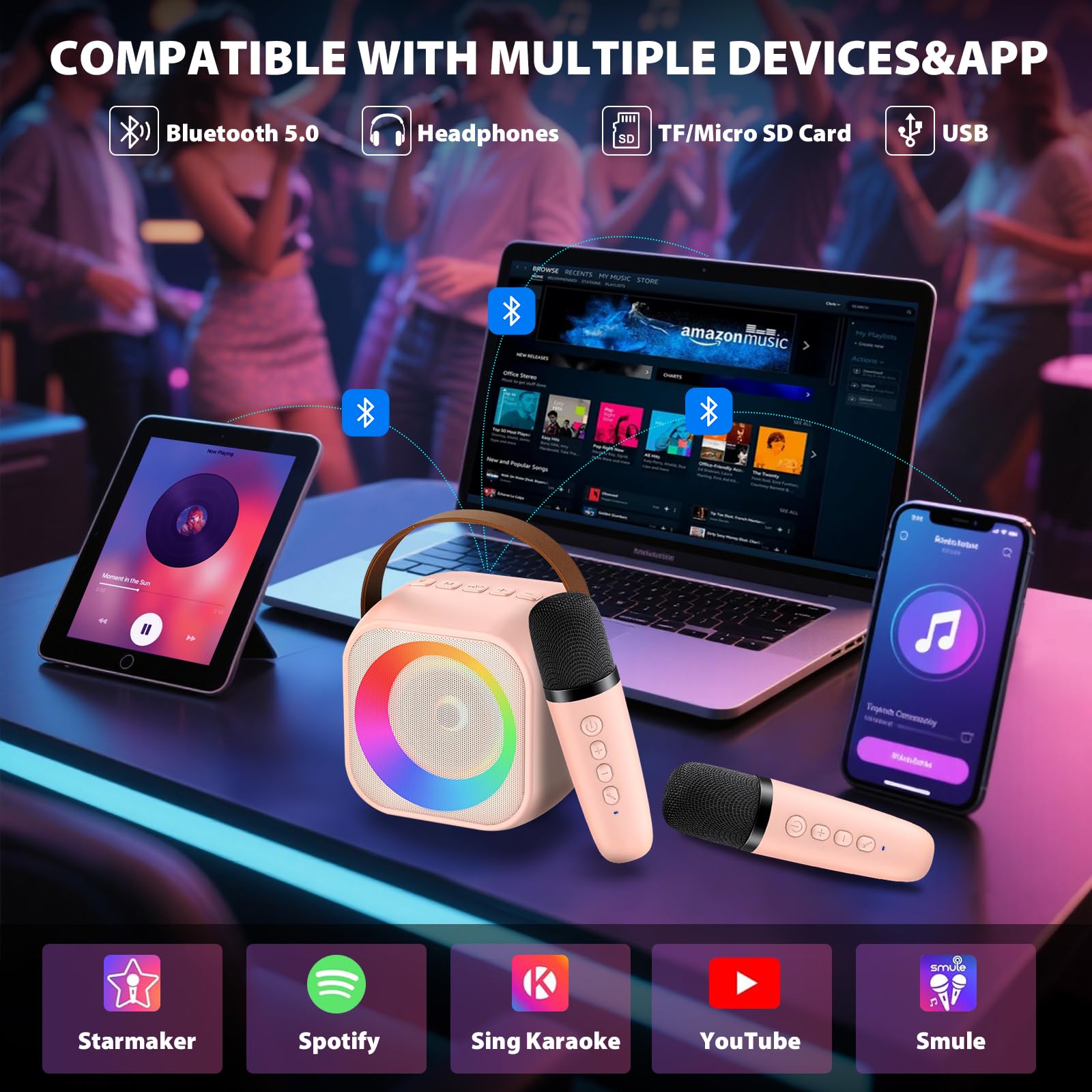 Karaoke Bambini con 2 Microfoni, Microfono Karaoke per Bambini e Adulti, Luci LED ed Effetti di Cambio Voce, Set di Microfoni e Altoparlanti Portatili, Regali per bambini 3-12 anni