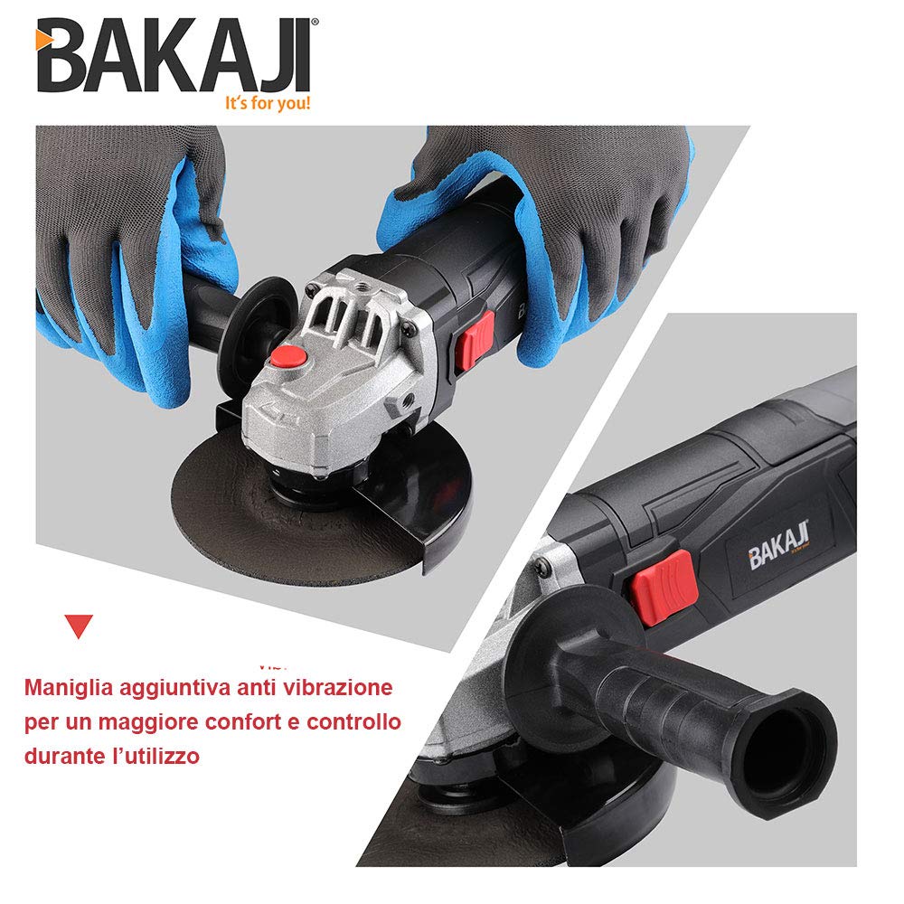 Bakaji Szlifierka kątowa Moc 750 W Prędkość 12000 obr/min 125 mm Flex Trzepaczka z uchwytem antywibracyjnym i 6 tarczami 3 cięcia i 3 szlifowanie i szlifowanie kompaktowa lekka konstrukcja