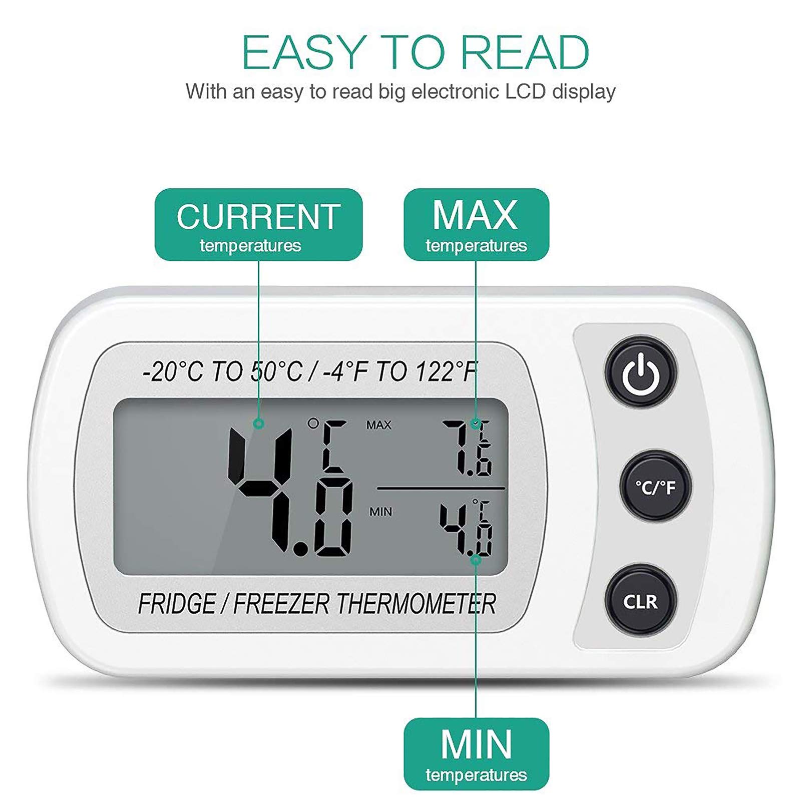 Thermomètre de Réfrigérateur, Thermomètre à Congélateur Numérique avec Crochet, Écran LCD Facile à Lire, Adapté aux Cuisines, Restaurants, Bars, Cafés