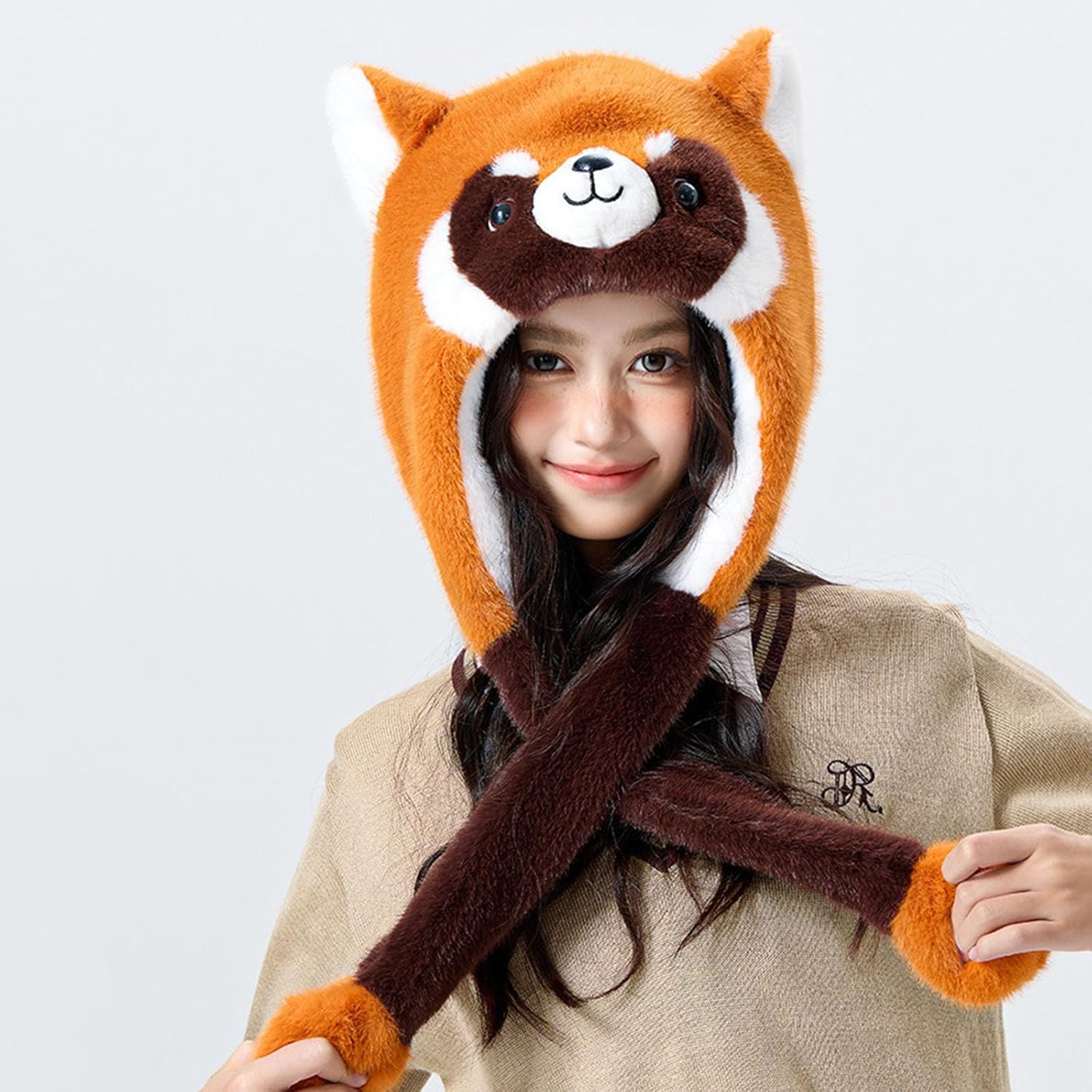 Raccoon Animal Hat With Movable Ears, Winter Fun Ski Cap with Animal Face Long Ear Straps One Size