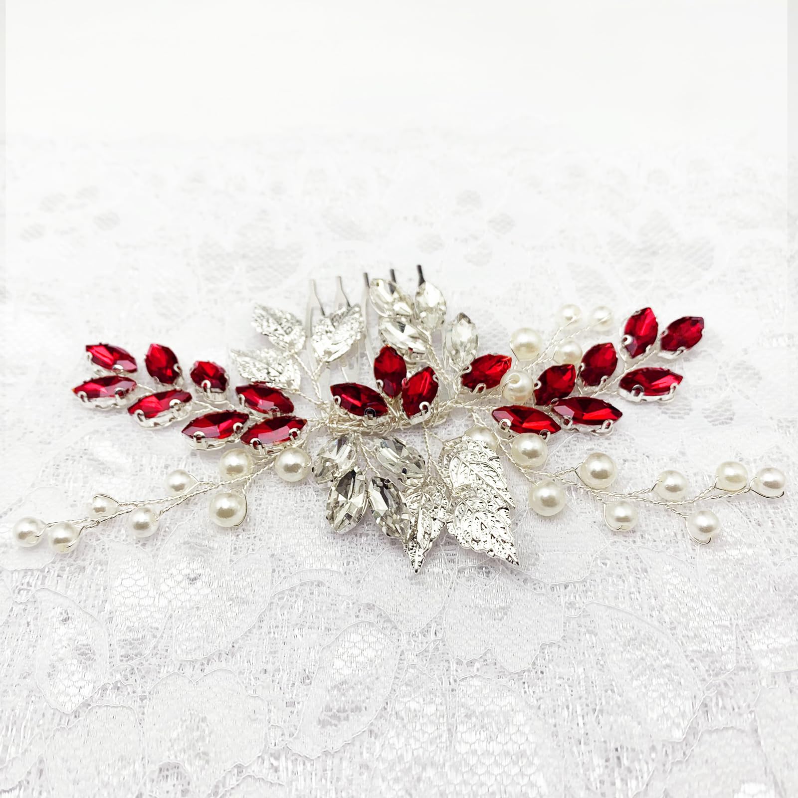 Pettine per capelli da sposa con strass di cristallo, accessori per capelli con foglie argentate, per donne e ragazze, feste di ritorno a casa (rosso vino)