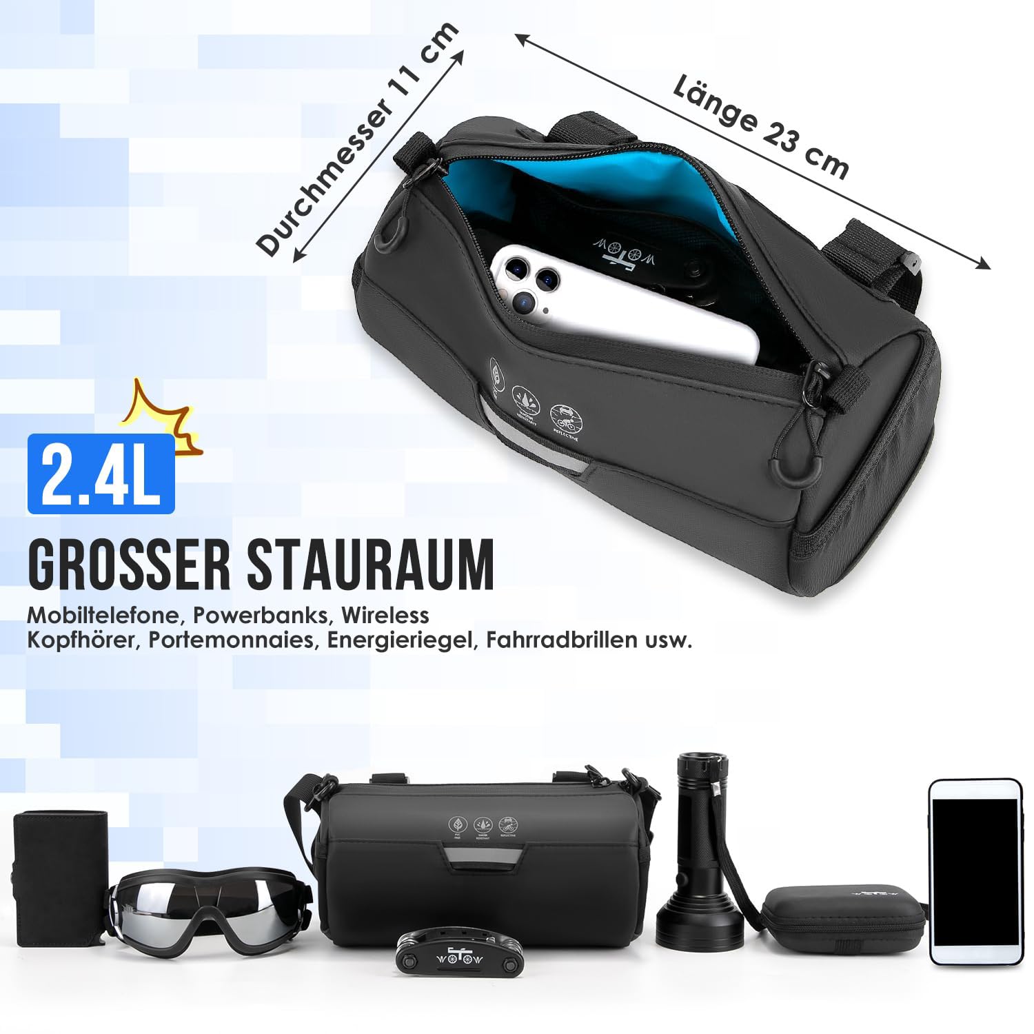 Eyein Fahrrad Lenkertasche, 2.4L Wasserabweisende Fahrradtasche Lenker mit abnehmbarem Schultergurt und großem reflektierenden Bereich für Rennrad MTB E-Bike Fahrten im Freien