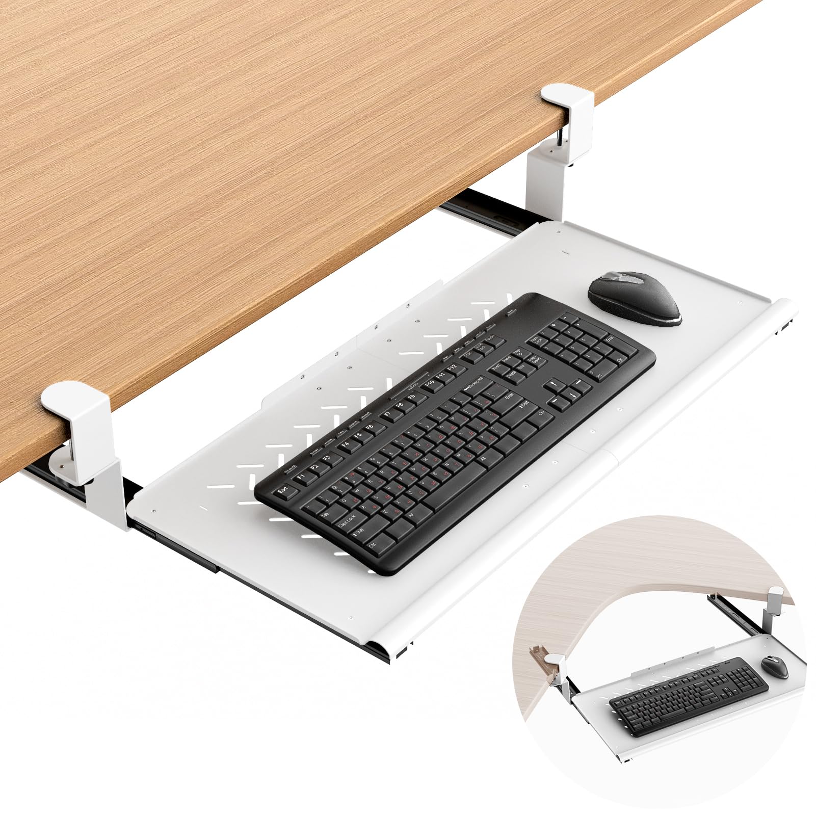 Photo 1 of Strifuture Keyboard Tray Under Desk - Full Metal Slide Out Holder, Rust-Resistant & Scratch-Proof, Double C-Clamps, 26x13" Tray for L Shape/Regular Desks, Standing/Sitting Workstation(White-A)
