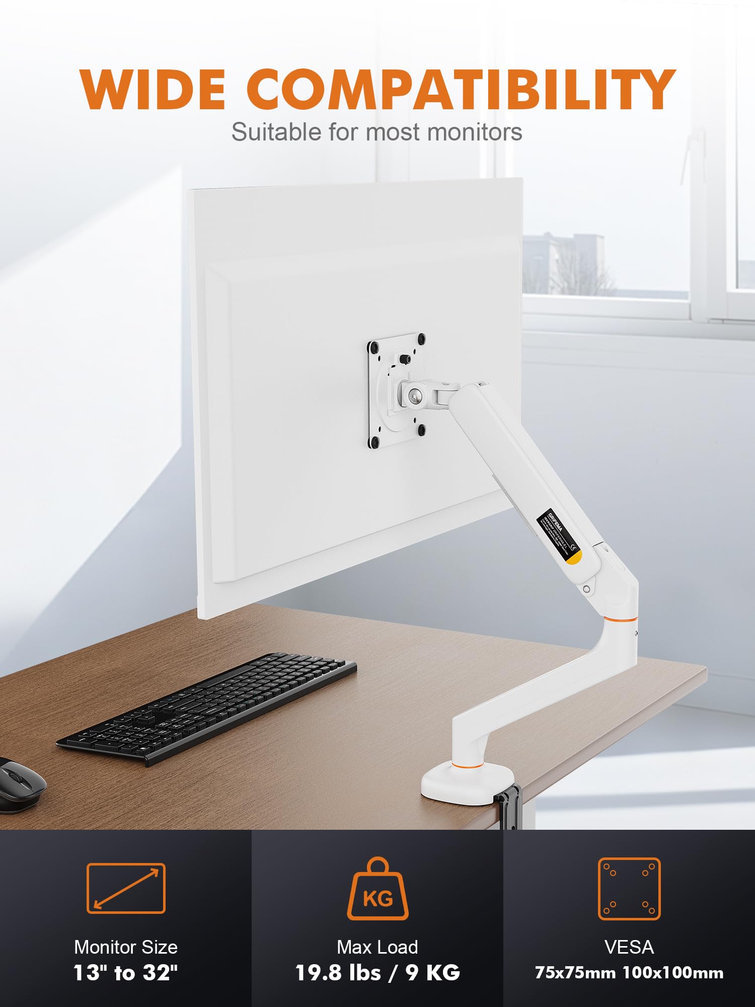 Ibergrif Support Écran PC Bras 13-32 Pouces VESA 75/100mm Réglable Hauteur Inclinable Pivotant Rotatif Gestion Câbles Blanc MA001W