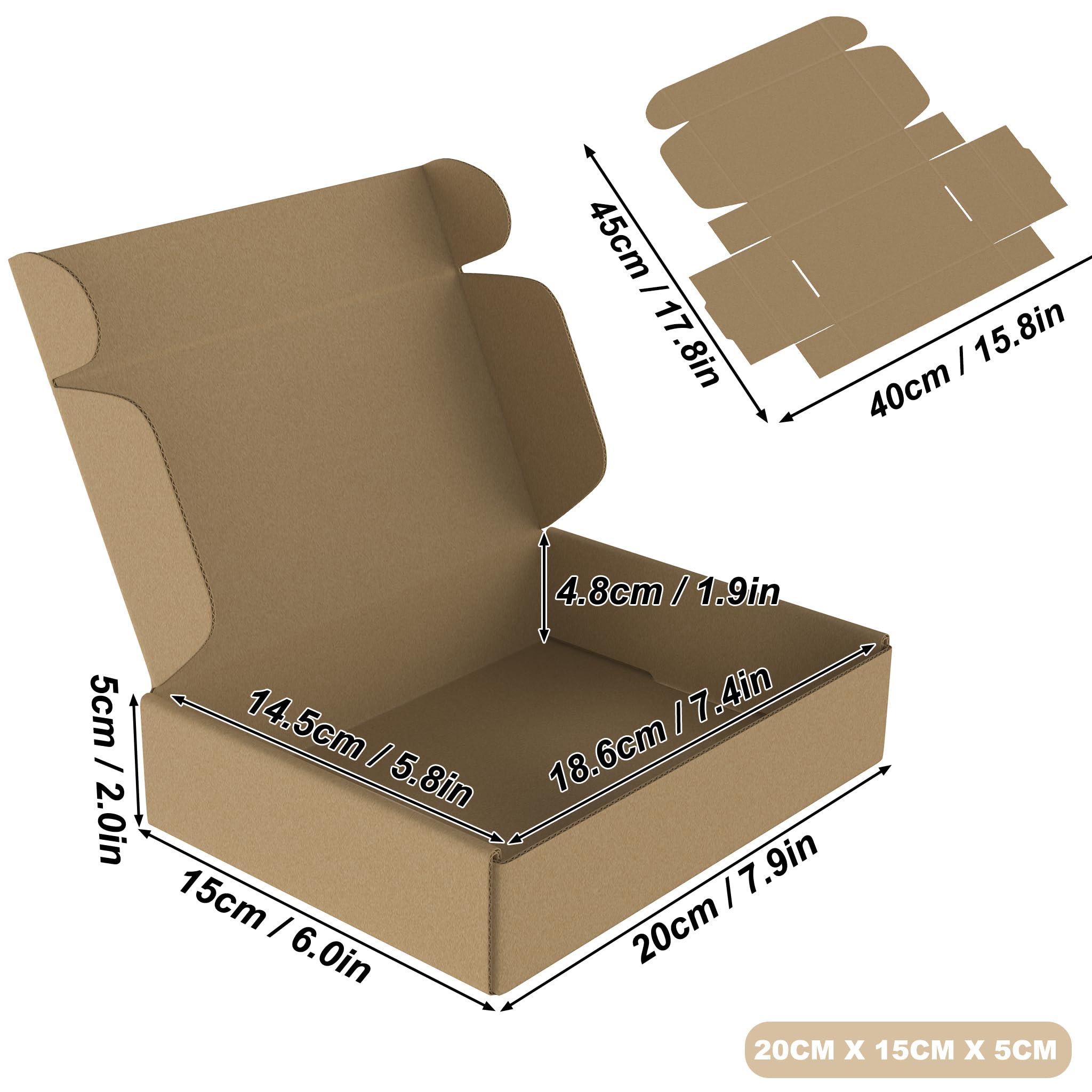 ACXIN Versandkarton Braun 20x15x5cm Maxibrief Karton, Faltkarton Großbrief Verpackung, 80 Stück Wellpappe Kartons, Stabile Versandbox für Kleine Waren, Geschenkverpackung, E-Commerce Lagerung