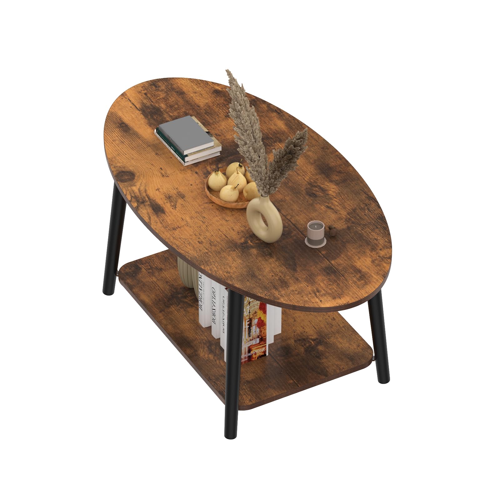 HUOLE Mesa de té de madera, mesa de centro ovalada con estante, muebles de salón, diseño aglomerado, madera de haya, 100 x 53 x 45 cm, madera quemada