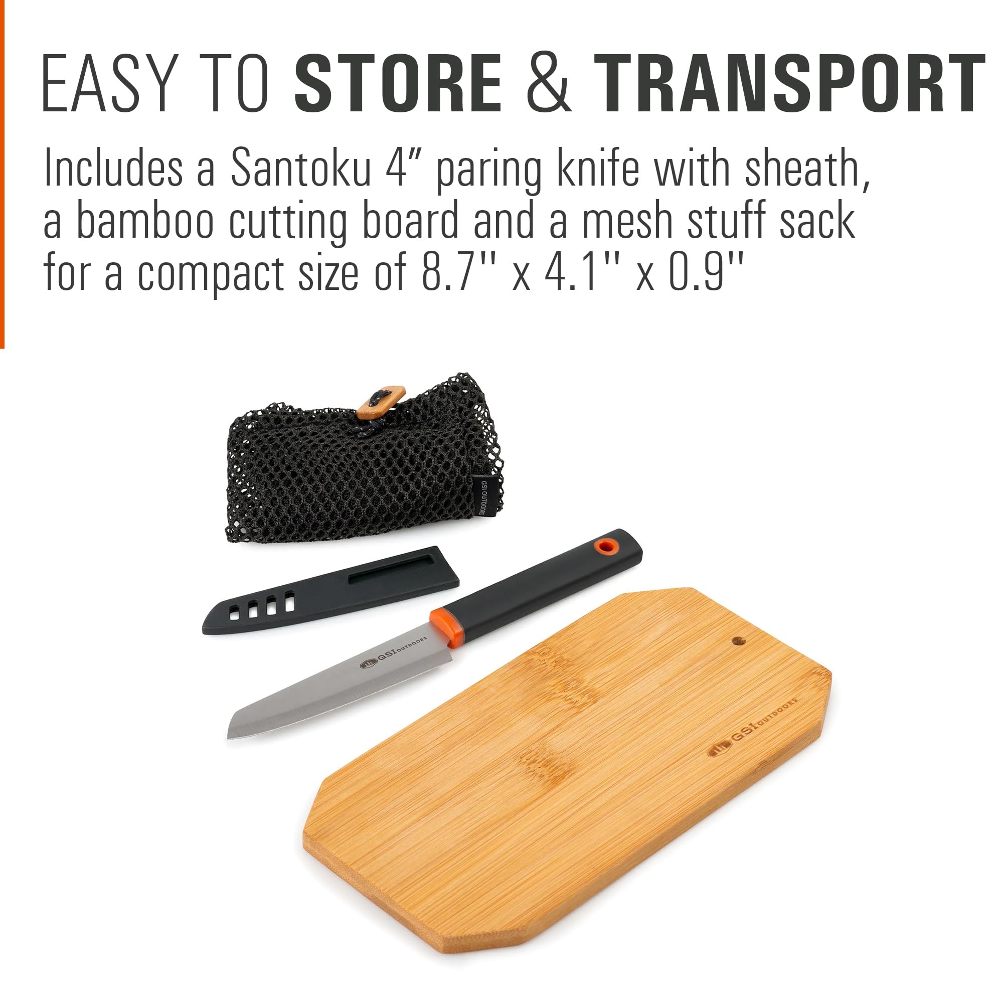 GSI Outdoors Santoku Prep Set 46001 – kompaktowy nóż 10 cm z bambusową deską do krojenia, pochwą i torbą do przechowywania