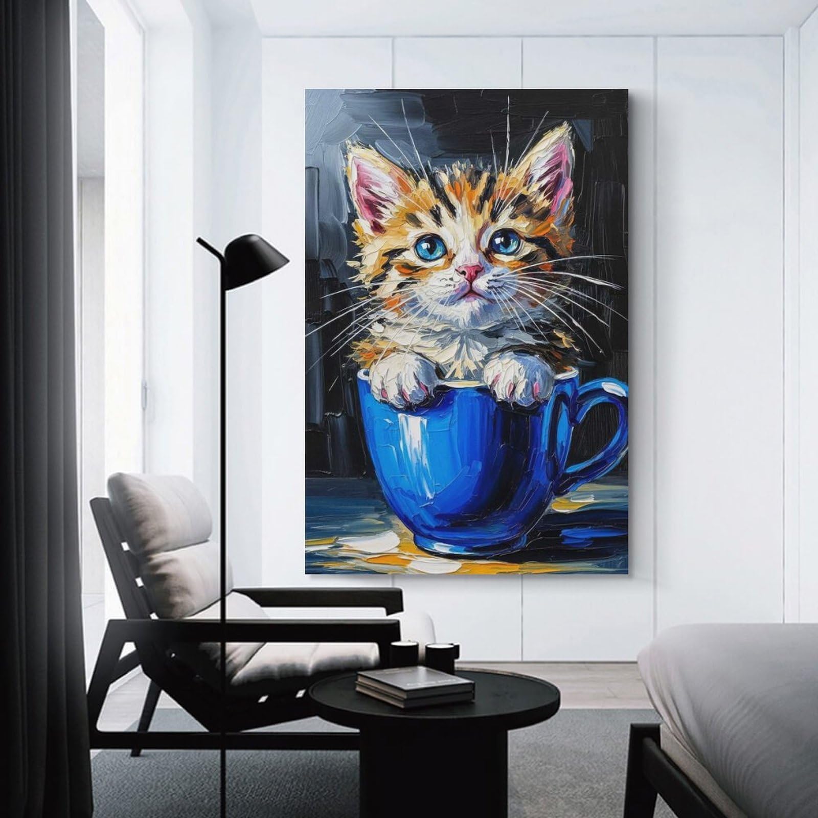 Junmoney Unframe-Style-3-1 Canvas Wall Art Kitten In A Cup Painting, 24X36inch(60X90cm), For Bedroom, Guest Room Or Reading Nook, Canvas Wall Decor For Personal Spaces