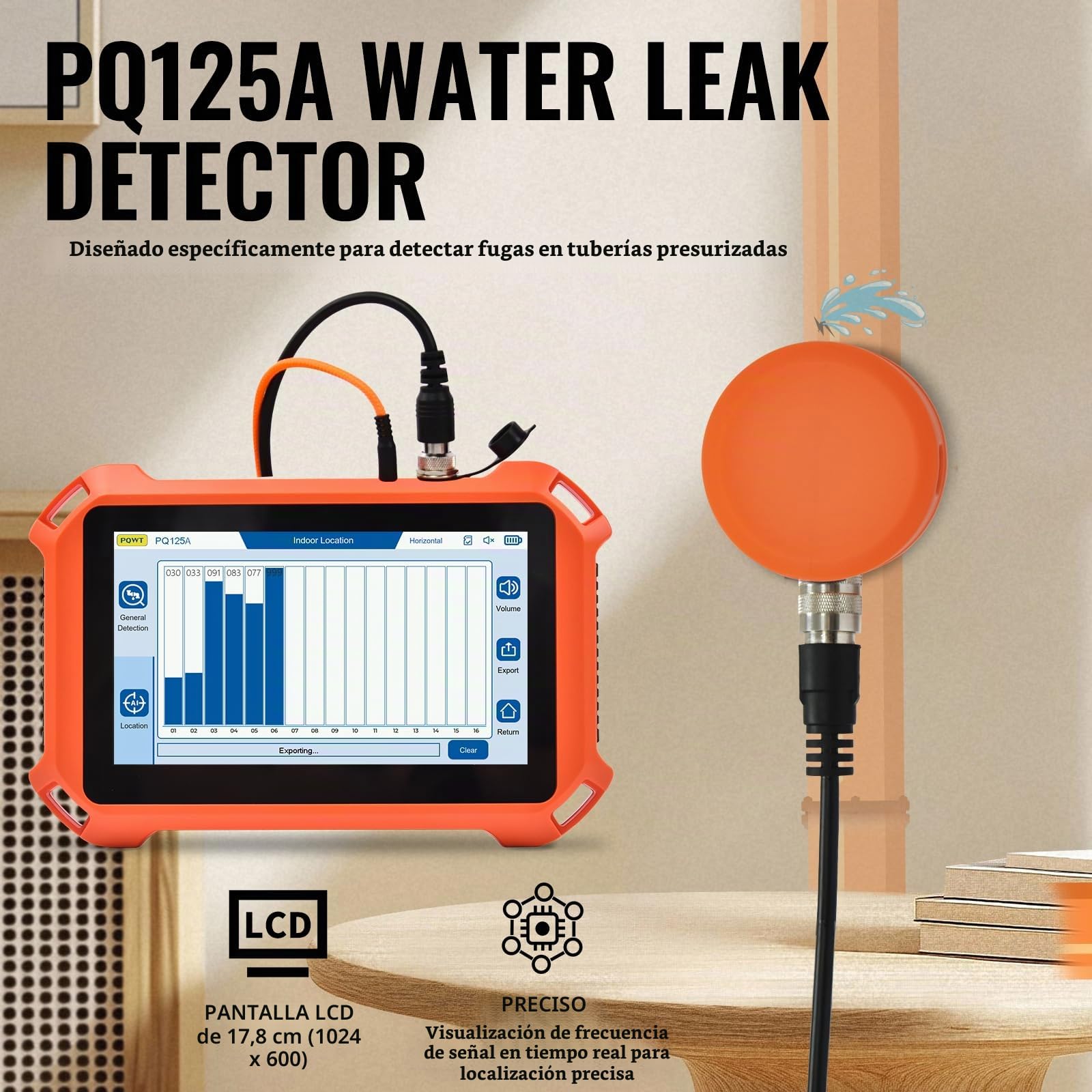 PQ125A Detector de Fugas de Agua para Casa con Pantalla Táctil Detección Acústica de Perdidas en Tuberías de Pared Precisión 0.5 Metros Incluye Estuche Profesional