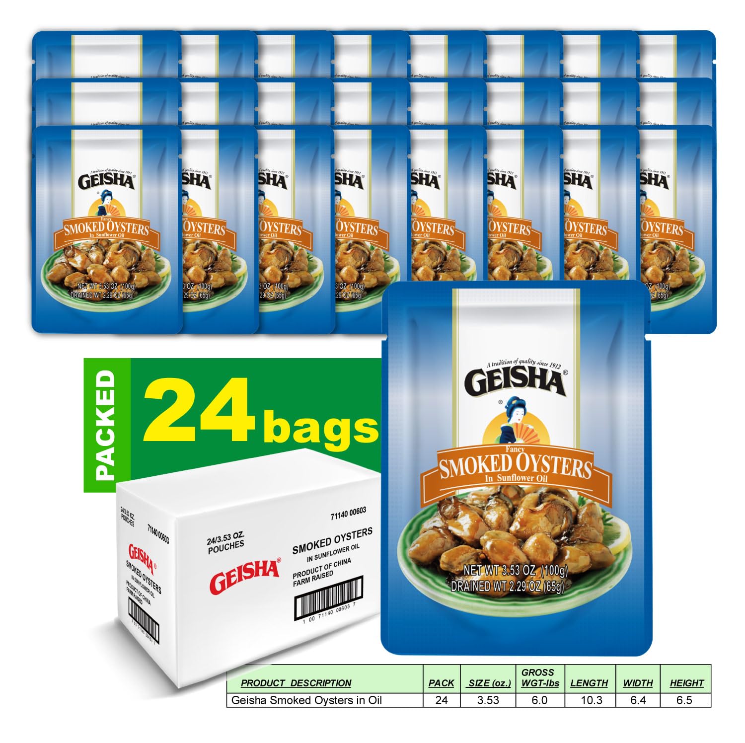 GEISHA Smoked Oysters in Sunflower Oil 3.53oz(Pack of 24), Smoked Oysters | Zero Trans Fat - No Sugar Added – Farm Raised – Good Source of Iron – Gluten Free – Good Source of Protein
