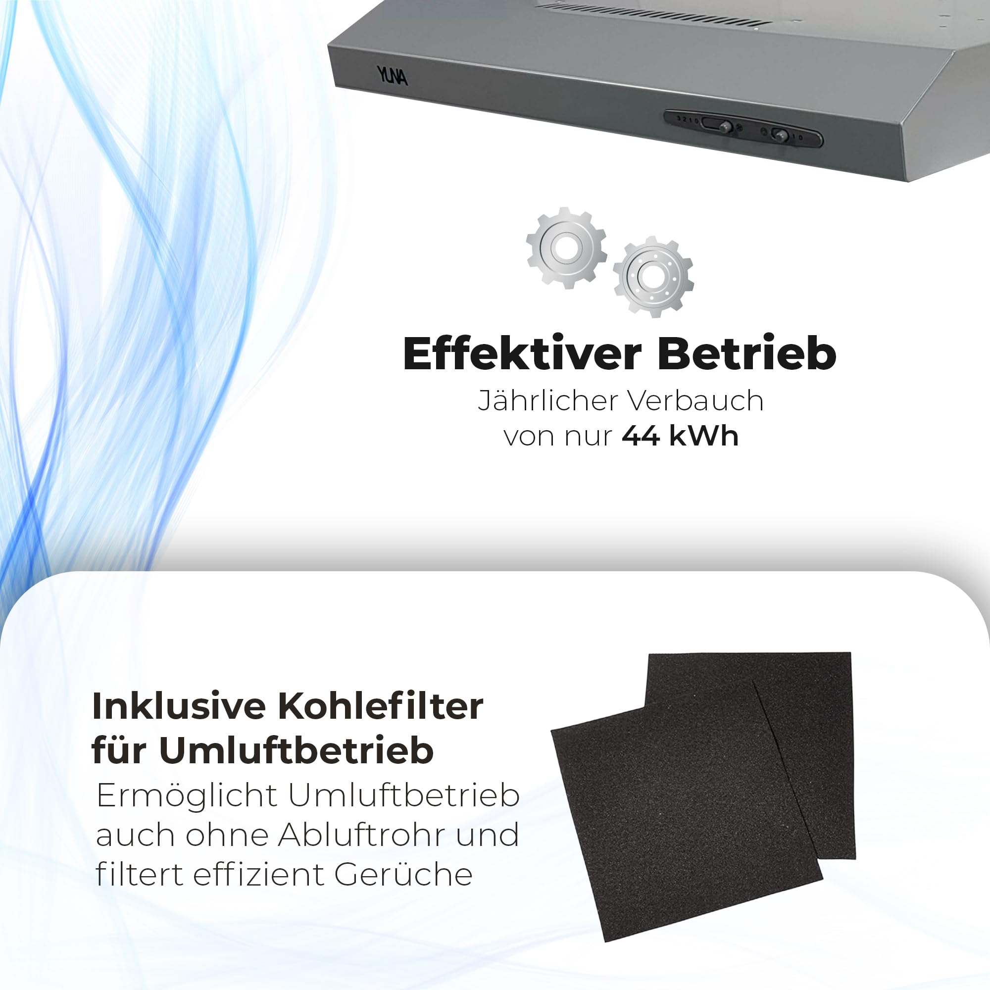 YUNA Dunstabzugshaube Milena KUBH 60210 Unterbauhaube Abluft Umluft 210m³/h LED