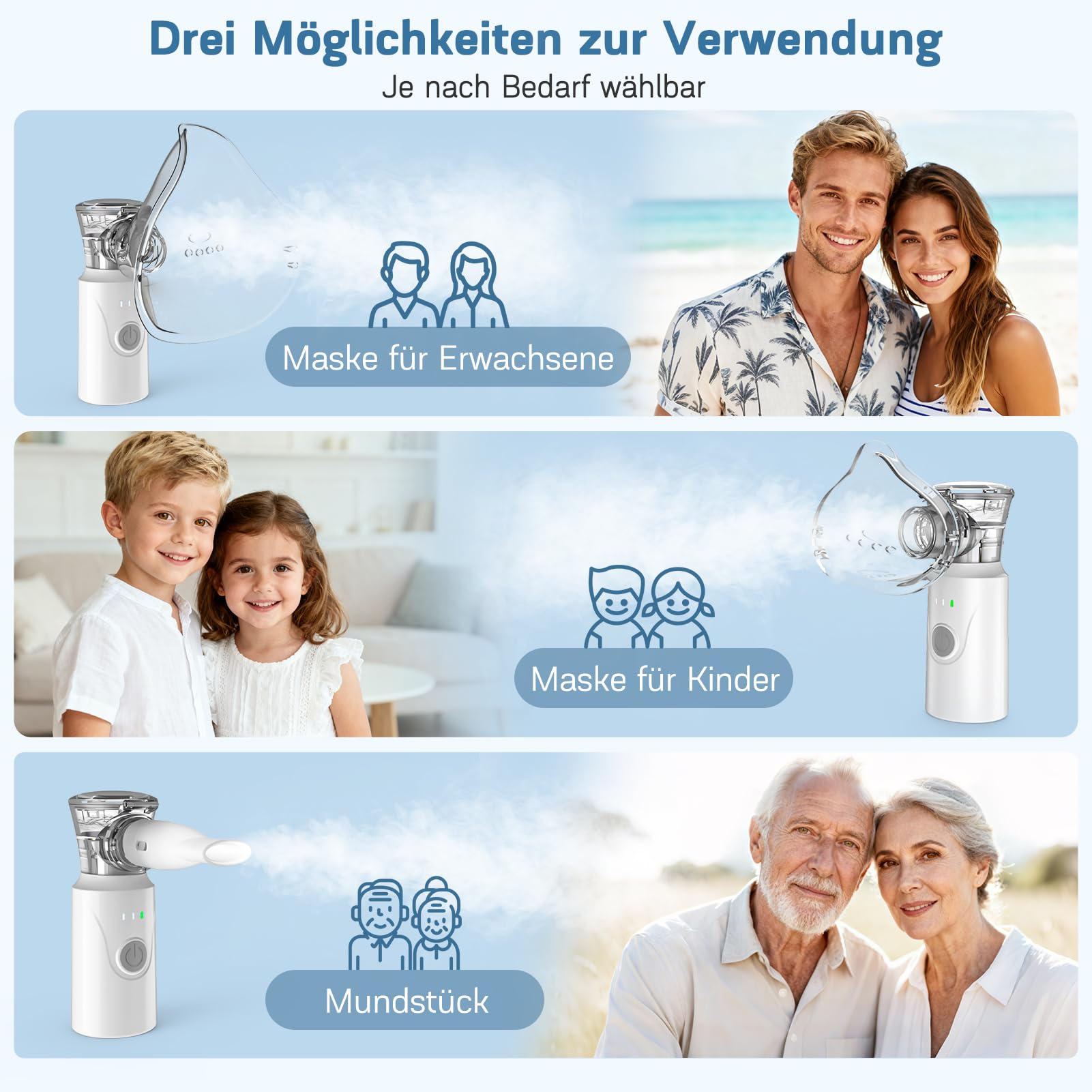 Inhalationsgerät, MILFECH Inhaliergeräte tragbar Vernebler Set Mit USB Wiederaufladbar, Einstellbarer Sprühnebel, Inhalator Verneblergerät mit Mundstück und 2 Maske (Weiß)