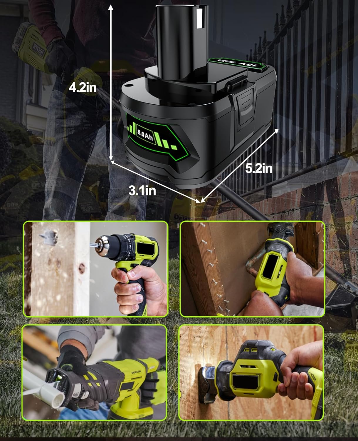 Upgraded Replacement for Ryobi 18V Battery, 2Pack P108 8.0Ah 18 Volt Lithium Battery Compatible with All P102 P103 P104 P105 P107 P108 P109 P190 P191 P122 18v ONE+ Plus Power Tools - Image 7