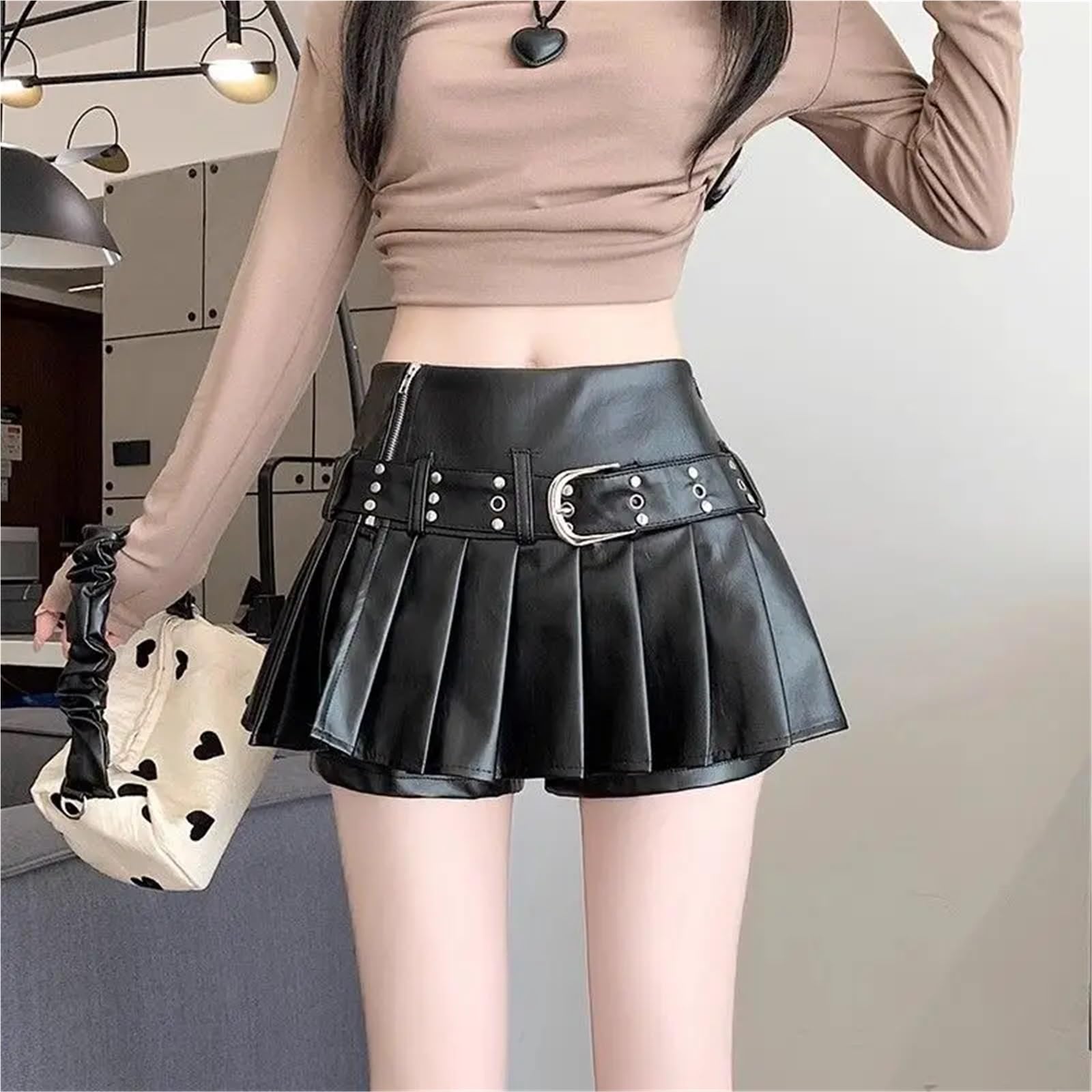 Falda de Cuero, Falda Cuero Mujer Falda Negra Retro de Cuero sintético for Mujer, otoño, Cintura Alta, Palabra A, Plisada(Xlarge)