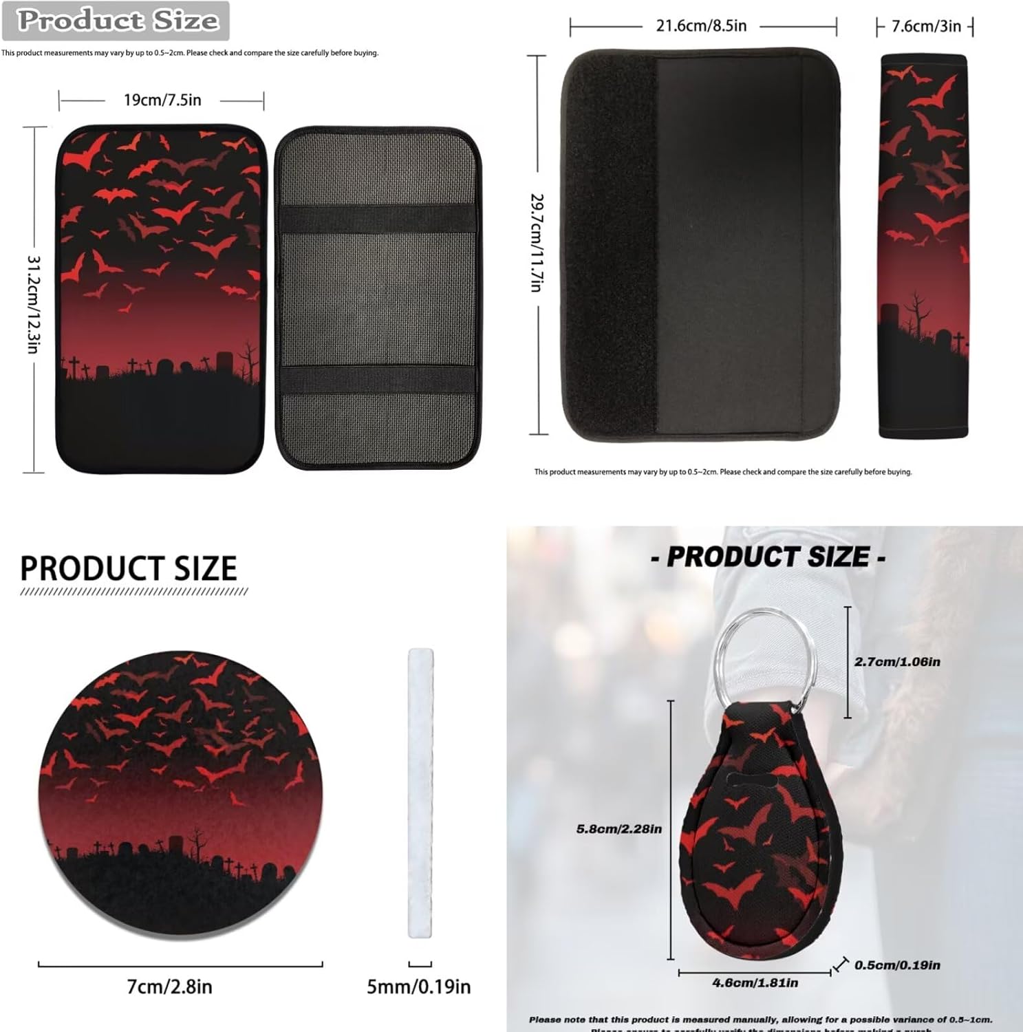 Dreaweet Red Bat Car Seat Covers Full Set with Steering Wheel Cover Seatbelt Cover Arm Rest Cover Headrest Covers Cup Holder Keychain,14 Pcs,Halloween Car Accessories Interior Universal Fit