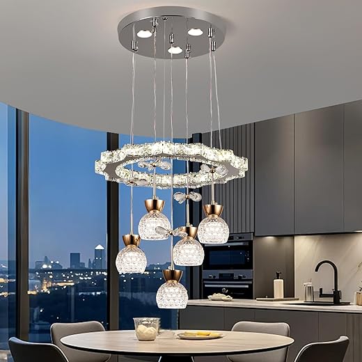 ​​Lustre Pendente Sala de Jantar Luxuoso com Cristal | Luminária Pendente 5 Luzes LED, Altura Ajustável e Dimerização para Cozinha e Corredor​...