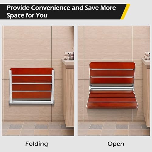 Miniatura 9 de Dyna-Living Asiento de ducha plegable de madera de teca montado en la pared, 2 piezas, 400 libras, asiento de ducha plegable