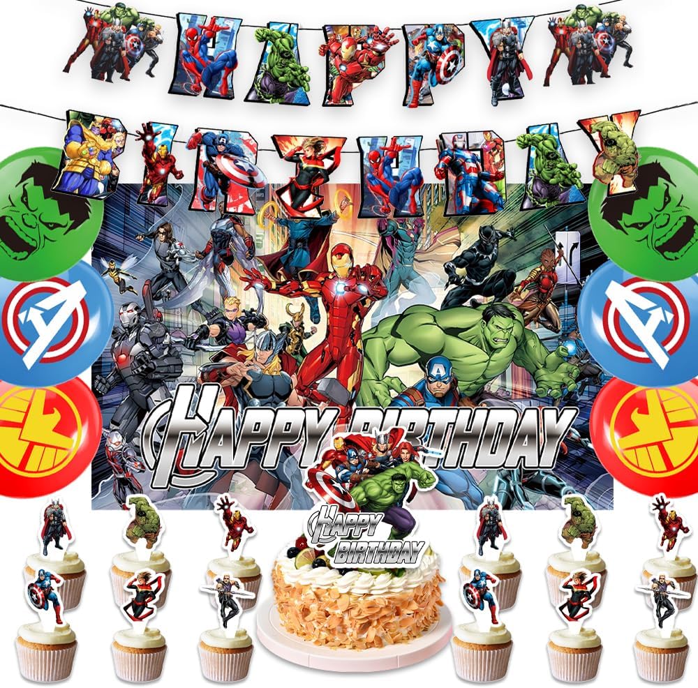 42Pcs Avengers Party Supplies Pack Includes，Banner，Cake Topper，Blackdrop,Balloons for Superhero party Decoration