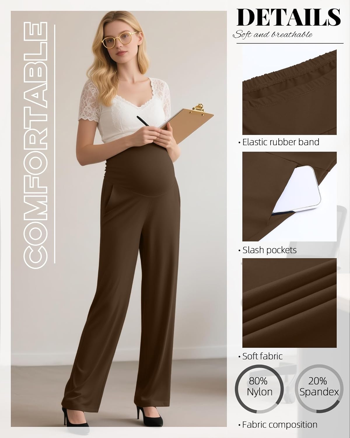 Women's Maternity Pants Over The Belly Pregnancy Clothes for Work Stretchy Straight Dress Pants with Pockets - Image 5