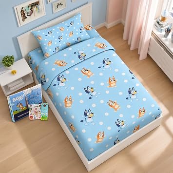 Bluey Twin Bedding Set - Bundle With Bed Sheets, Flat Sheet, Fitted Sheet, Pillowcase, and Stickers | For Boys and Girls