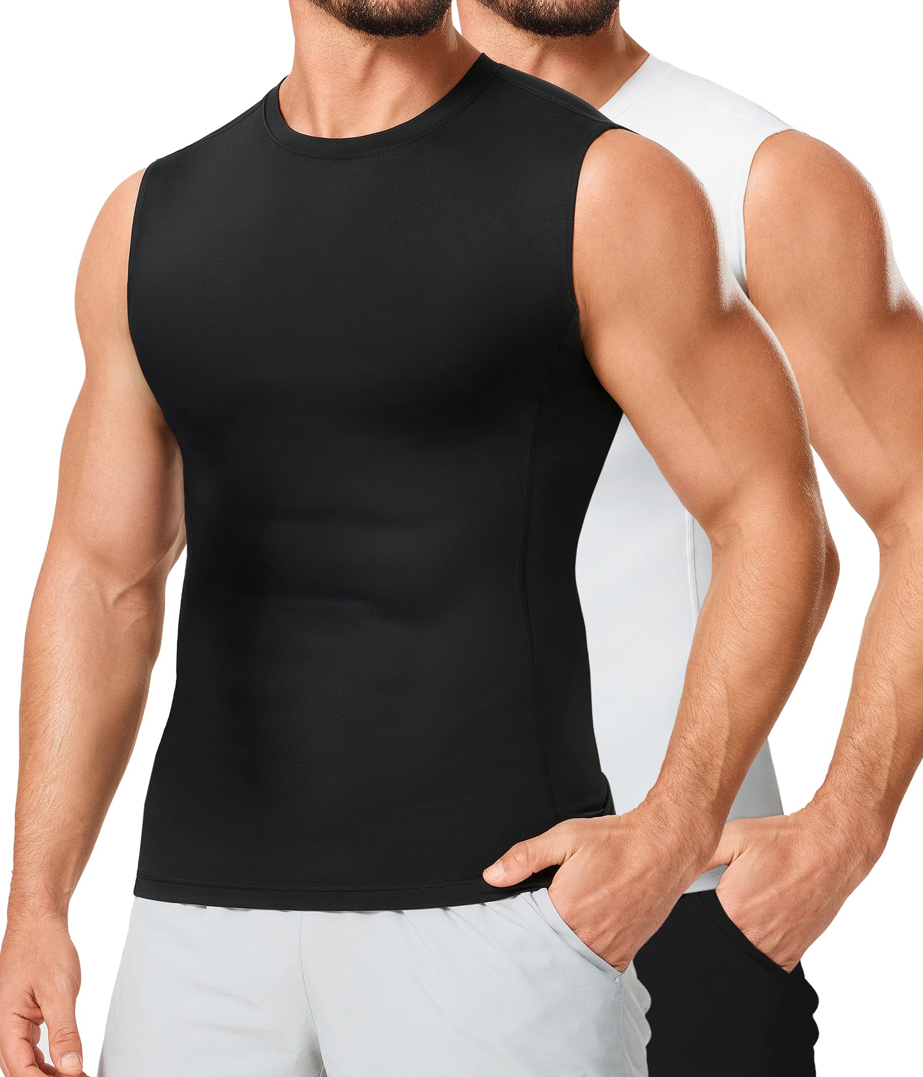 TAILONG 2 Pack Compression Shirt Men - Athletic Base Layer Sleeveless Workout Tank Top Slimming Undershirt