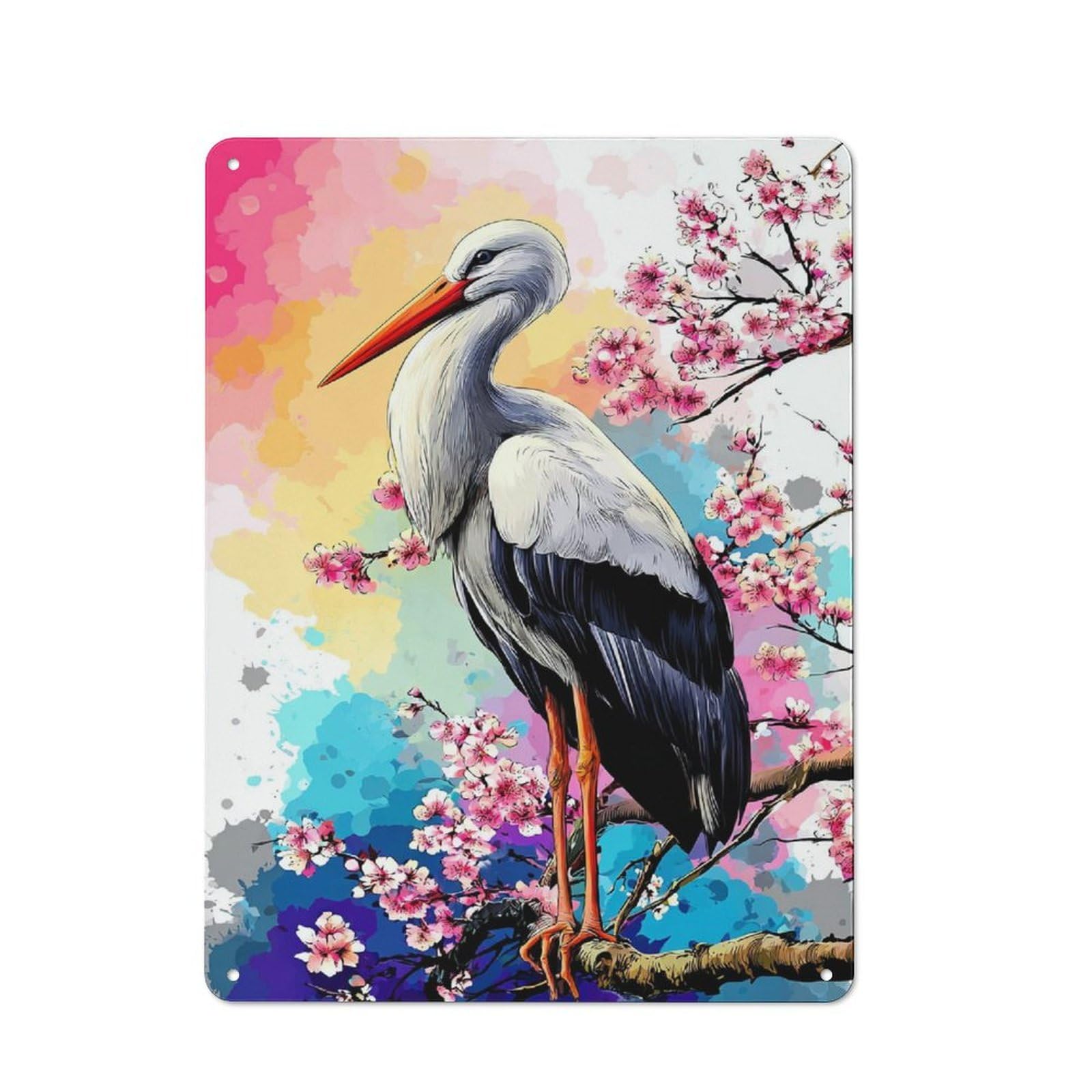 Junmoney Stork Amidst Cherry Blossoms -3 Clean Industrial Industrial Metal Sign 40X30cm, Studio Wall Art For Loft, Studio, Office Or Creative Room