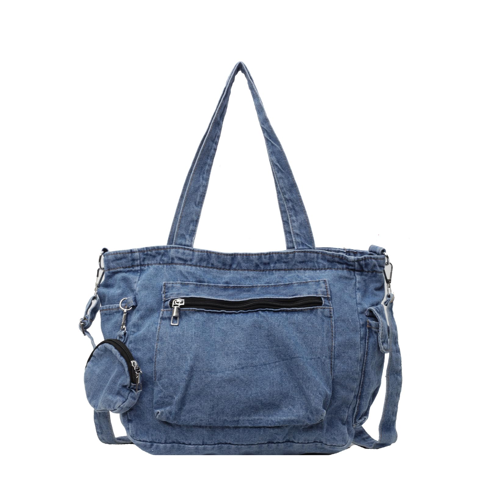 Denim Tote Bag, Large Capacity Jean Purses for Women Denim Crossbody Handbags with Small Purse