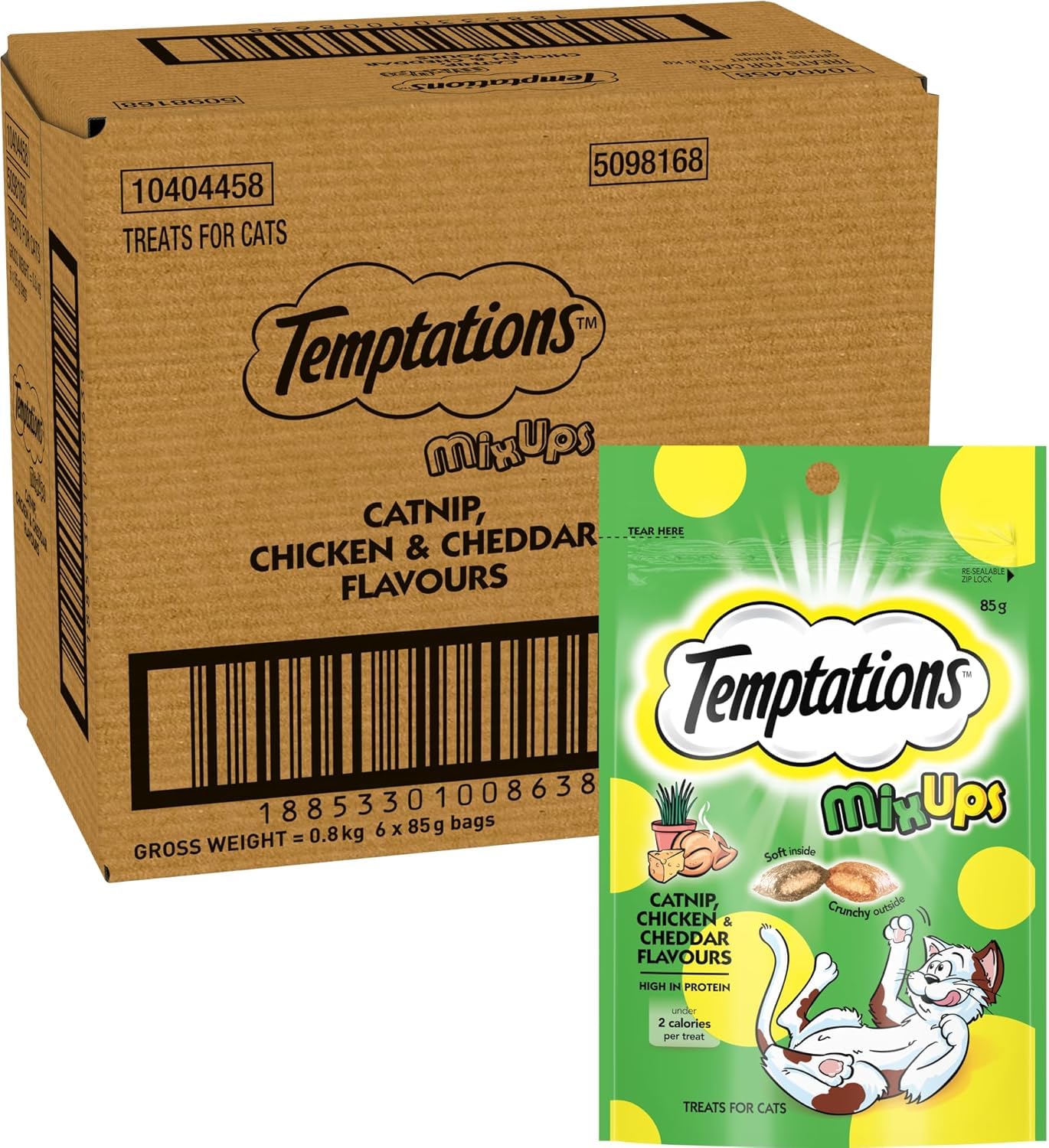TEMPTATIONS Cat Treats Mixups Catnip, Chicken and Cheddar 85g Bag, 6 Pack