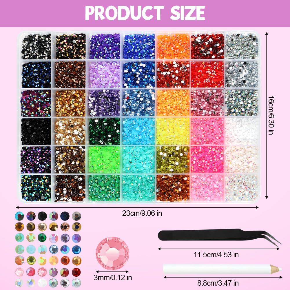 32000 Piezas Brillantes para La Cara, 3mm Gemas Redondas, 42 Colores Diamantes para Manualidades, Pegatinas Cara Brillantes Festival con Lápiz de Cera y Pinzas, para Nail, Facial, DIY — view 2