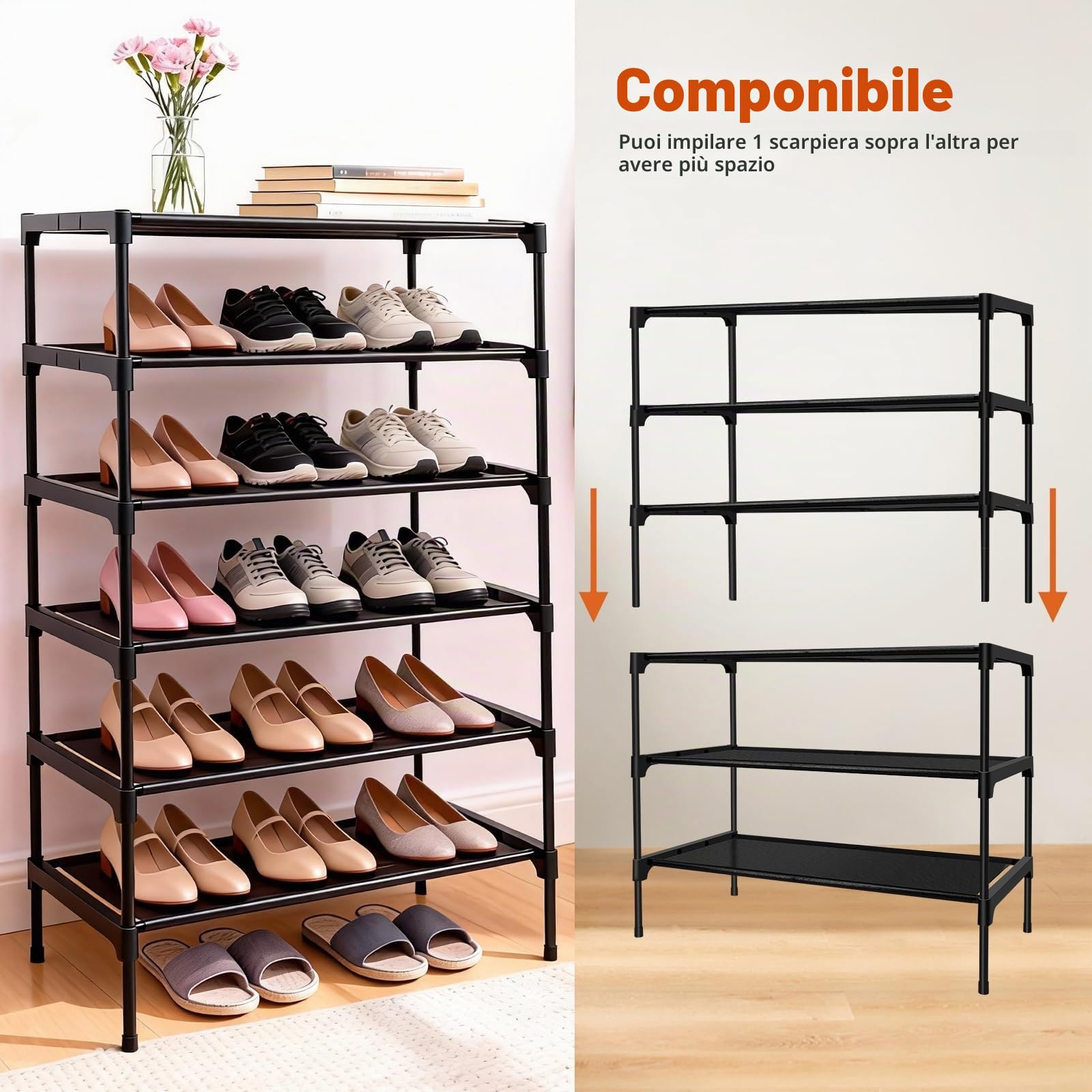 Scarpiera a 3 Ripiani, Impilabile Scaffale Portascarpe Organizzatore in Metallo per 9 Paia di Scarpe per Soggiorno, Corridoio, Camera da Letto (60 x 30 x 36 cm, Nero) (60 x 30 x 45 cm, Nero)