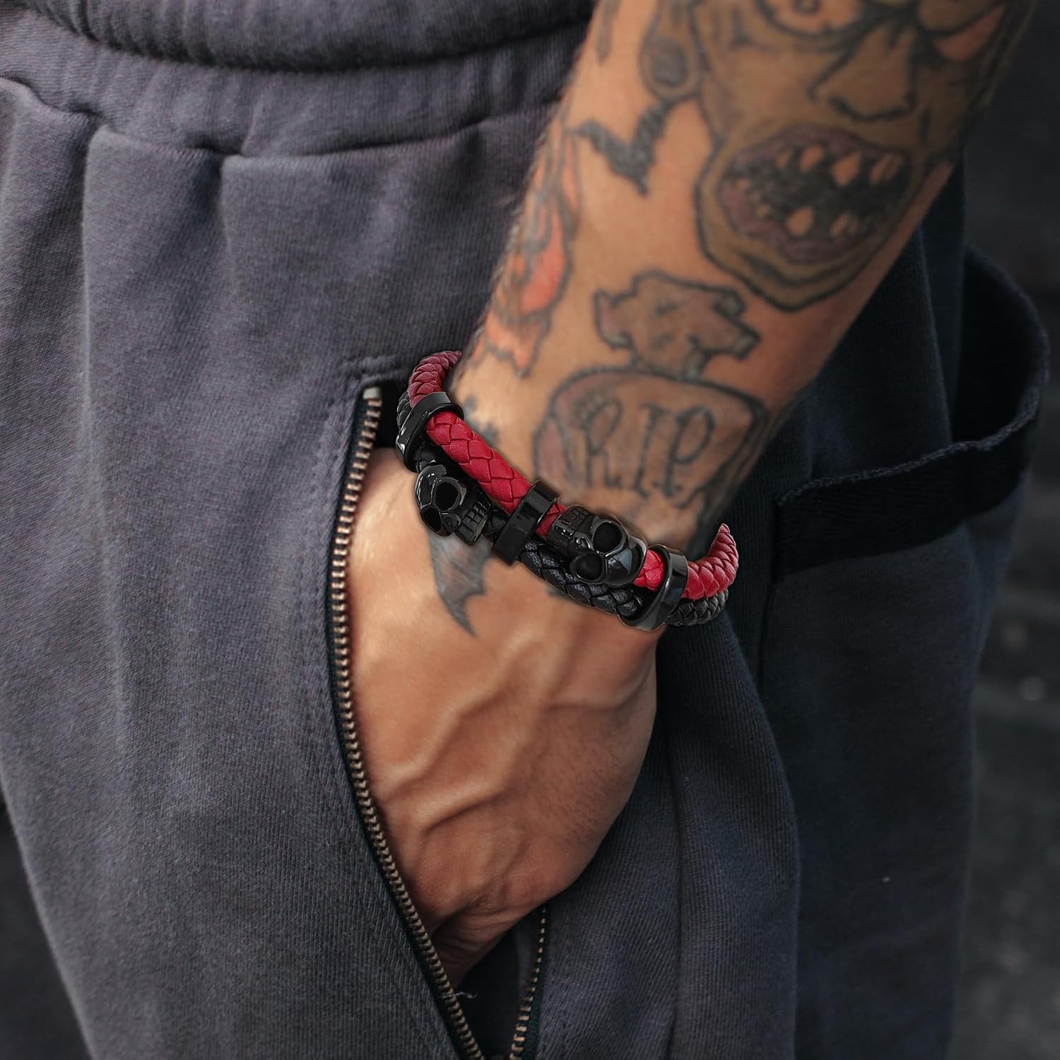 Mens Skull Double Row Leather Bracelet, Black or Silver Skull Braided Bracelet for Men, Mens Punk Jewelry