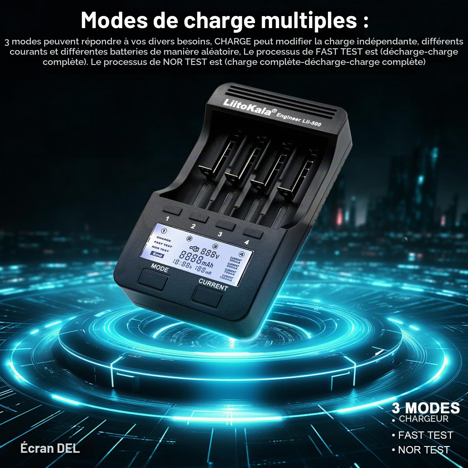 LiitoKala Lii-500 Chargeur de Batterie avec écran LCD, Sortie USB 5V Mobile, pour 26650 18650 14550 Li-Lion(4.2V) AA AAA Ni-MH(1.48V), Adaptateur d'alimentation 12V2A Dédié, 4 Emplacements