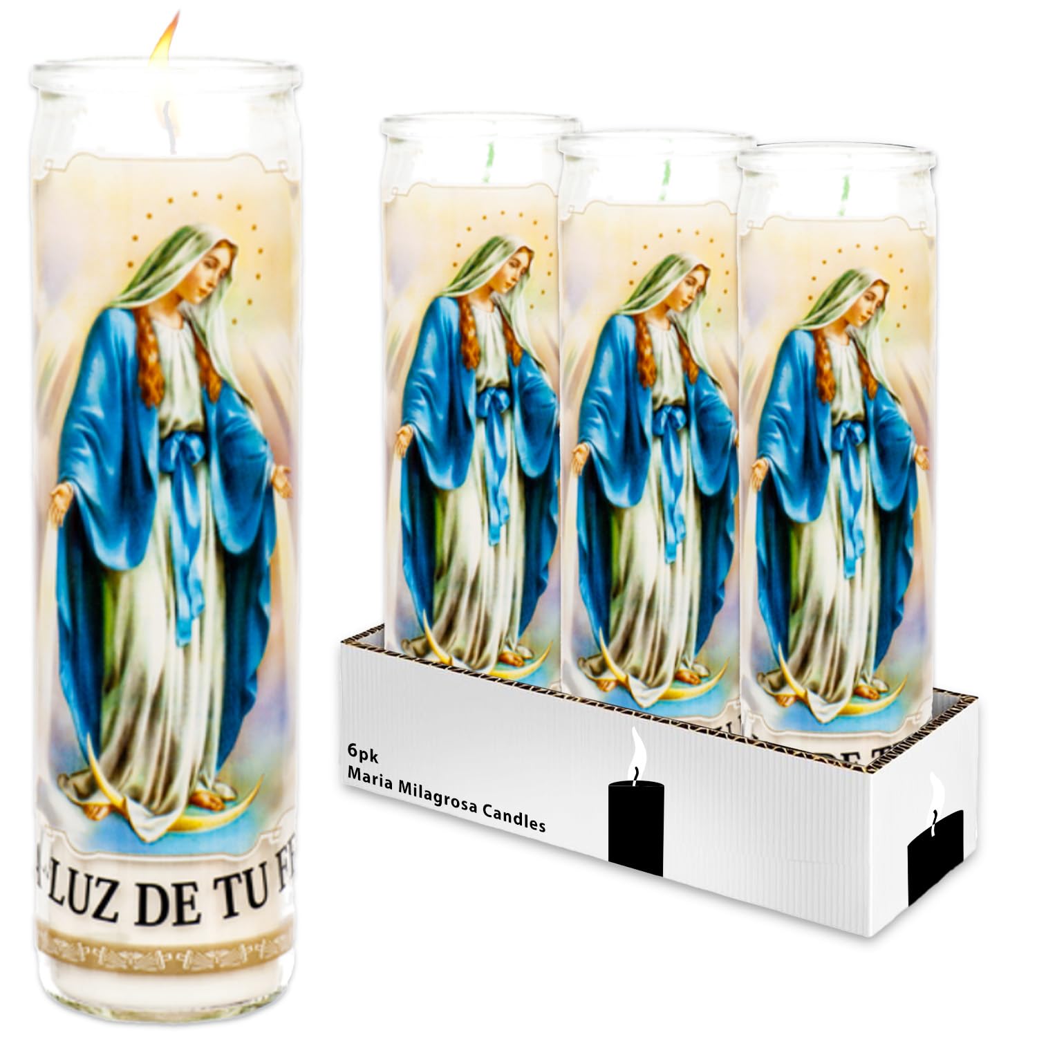 Our Lady of Guadalupe 3 Pack of 8 Inch Virgin Mary White Religious Candles - Bundle with 3 Maria Milagrosa Candles for Vigils, Prayers, Blessing Ceremonies, and More | Our Lady of Fatima Candles