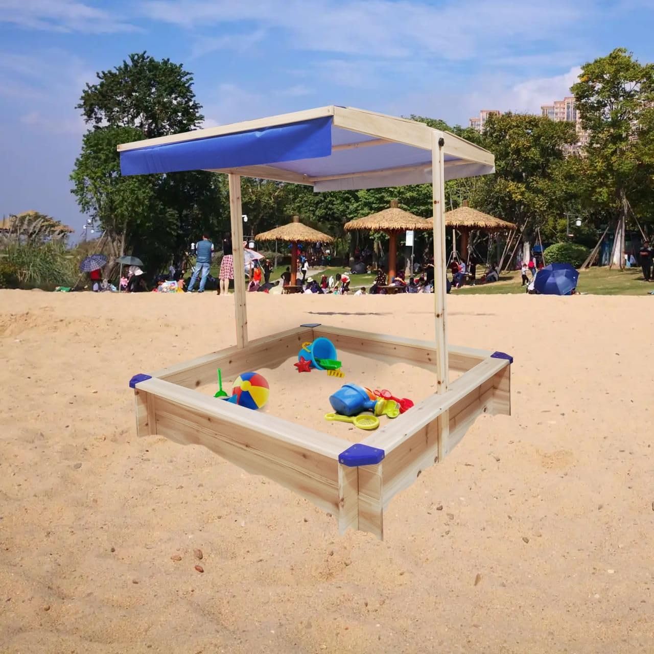 Children's Wooden Sandbox with Adjustable Canopy, Sandpit with Covers Kids Wood Playset Outdoor Backyard - Upgrade Retractable,45.3" L x 45.3" W x 46.5" H,Golden Red
