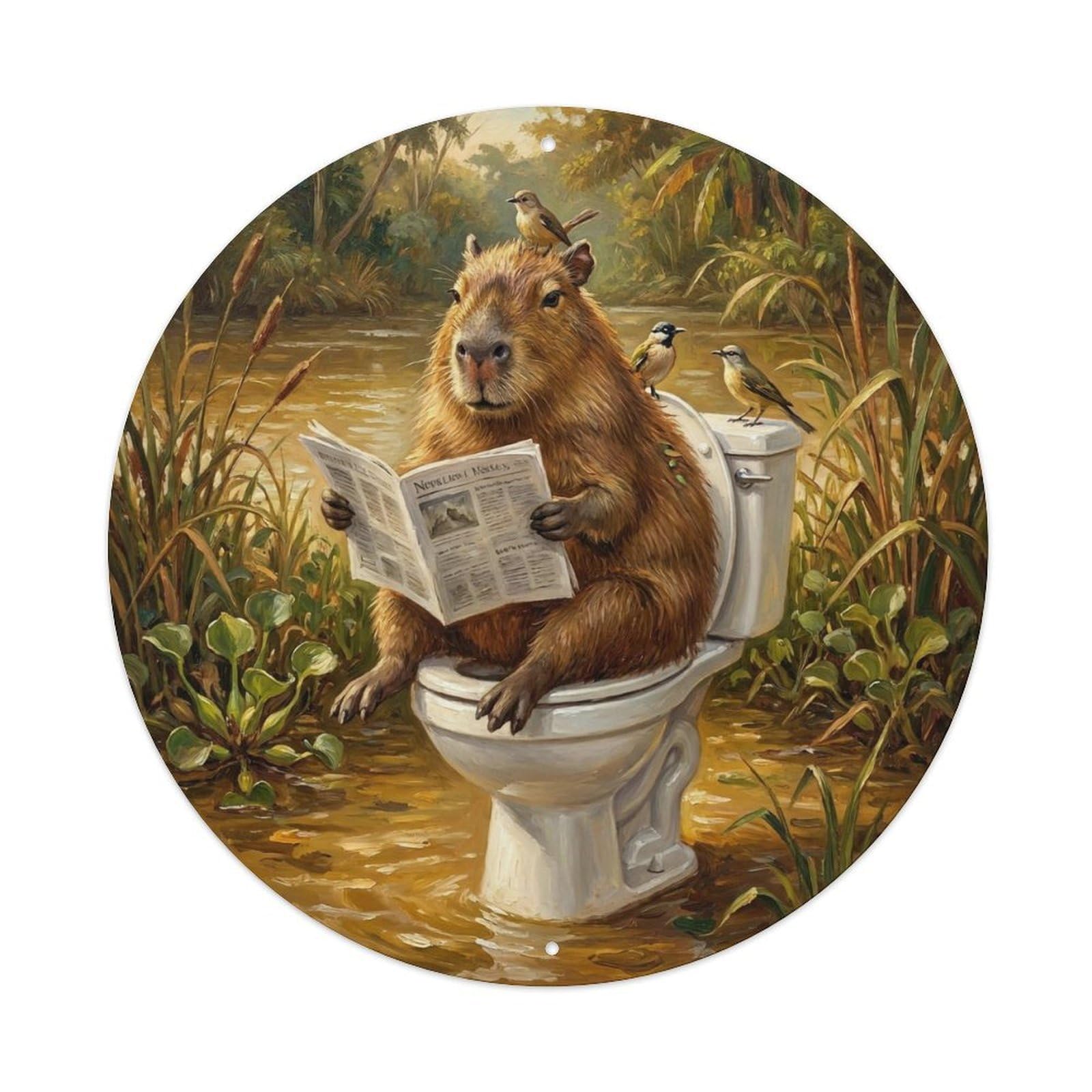 Capybara On Toilet Humorous Bathroom Riverside Reeds Metal Tin Sign