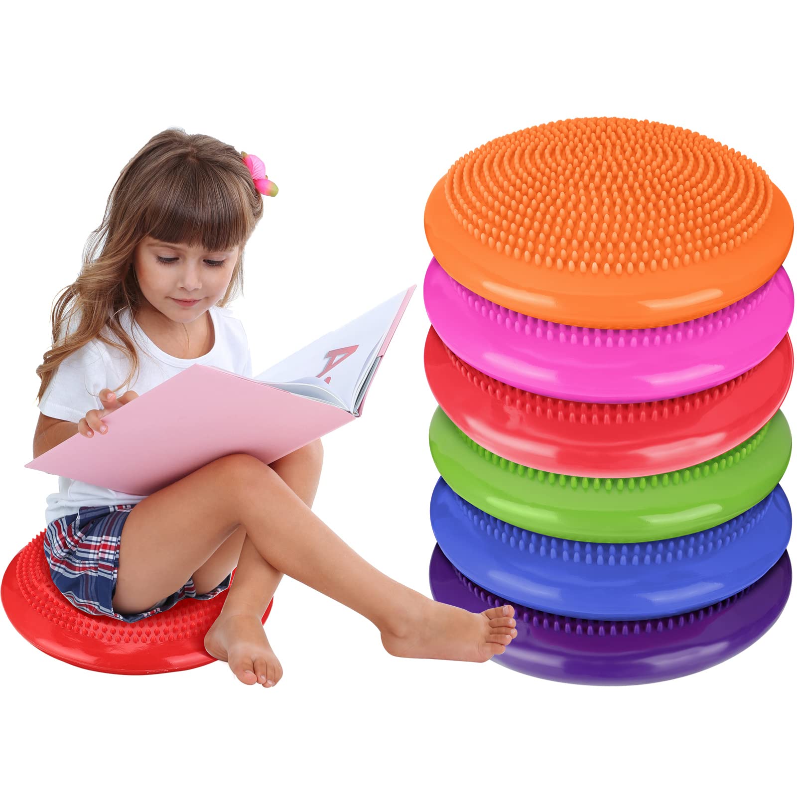 6 Pcs Inflated Wobble Cushion Pump Wiggle Seat for Sensory Kids Flexible Seating Exercise Balance Disc Sensory Chair Balance Boards for Office School Home Equipment, Pump Included