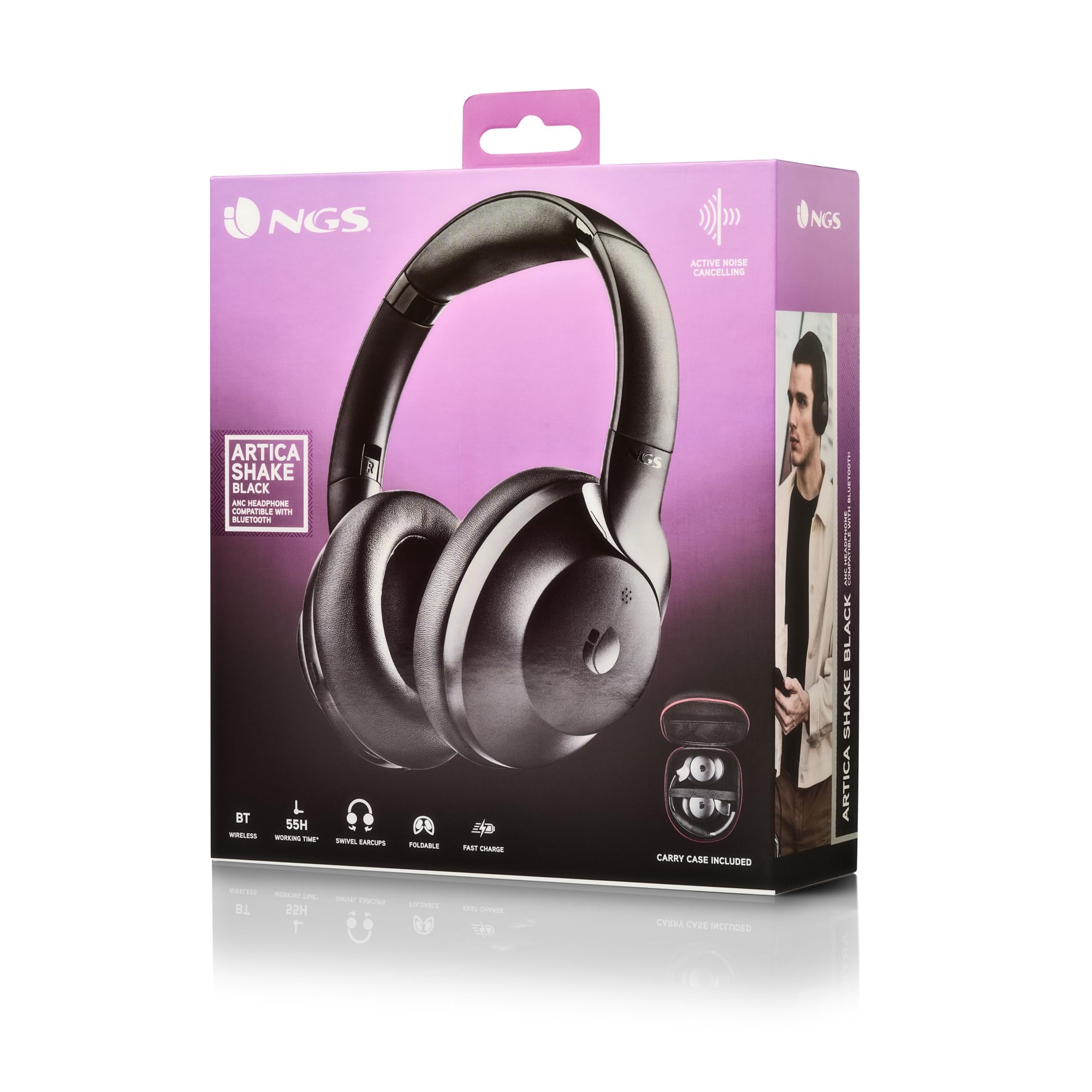 NGS Artica Shake - Cuffie wireless, cuffie compatibili Bluetooth, archetto regolabile, cuffie girevoli, tecnologia di riduzione del rumore ANC, microfono integrato, nero