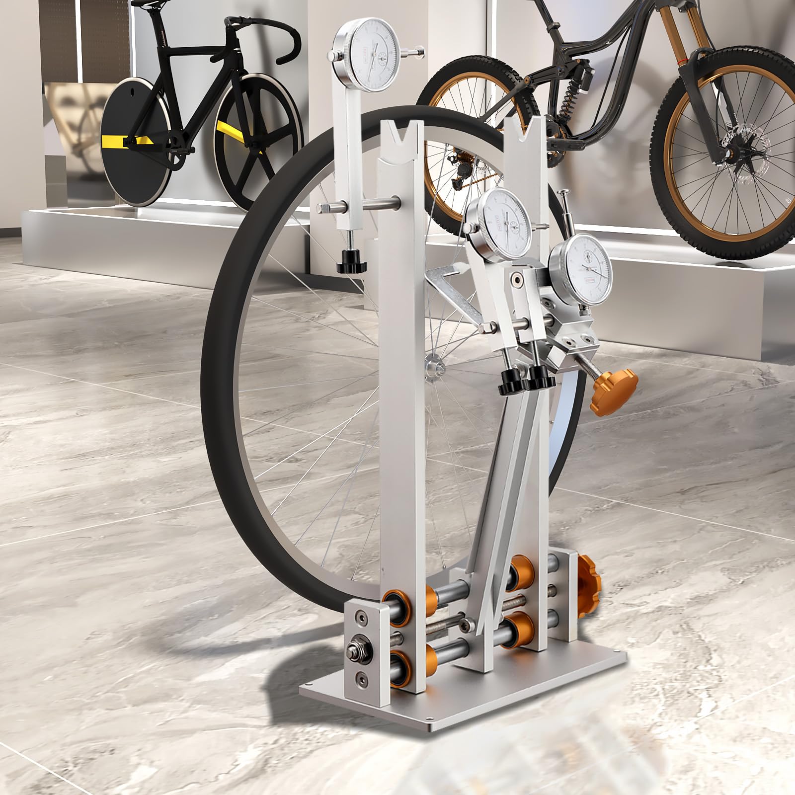 LALABU Manuell Fahrrad-Rad-Zentrierständer, Fahrrad-Rad-Ausrichtungs-Reparaturwerkzeug mit 3 Messgeräten für 10-29 zoll Räder,Montageständer Geeignet für Mountainbikes, Fahrräder, Rennräder