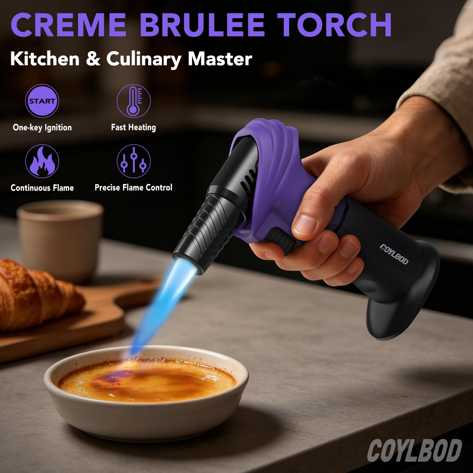 Encendedor de butano, ángulo giratorio de 0 a 90°, encendedor de butano, linterna de cocina recargable con bloqueo de seguridad (morado y negro)