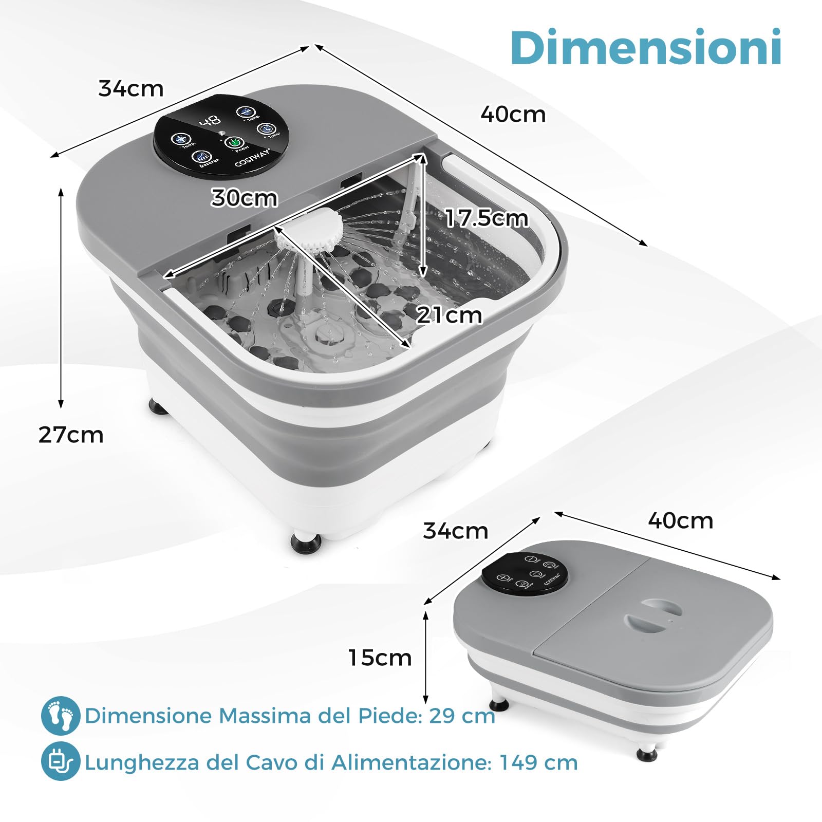 RELAX4LIFE Massaggiatore per Piedi Pieghevole, Vasca da Bagno con Pannello di Controllo Intelligente, Riscaldamento Costante 35-48℃, 30 Palline Massaggianti Shiatsu, Doccia & Timer