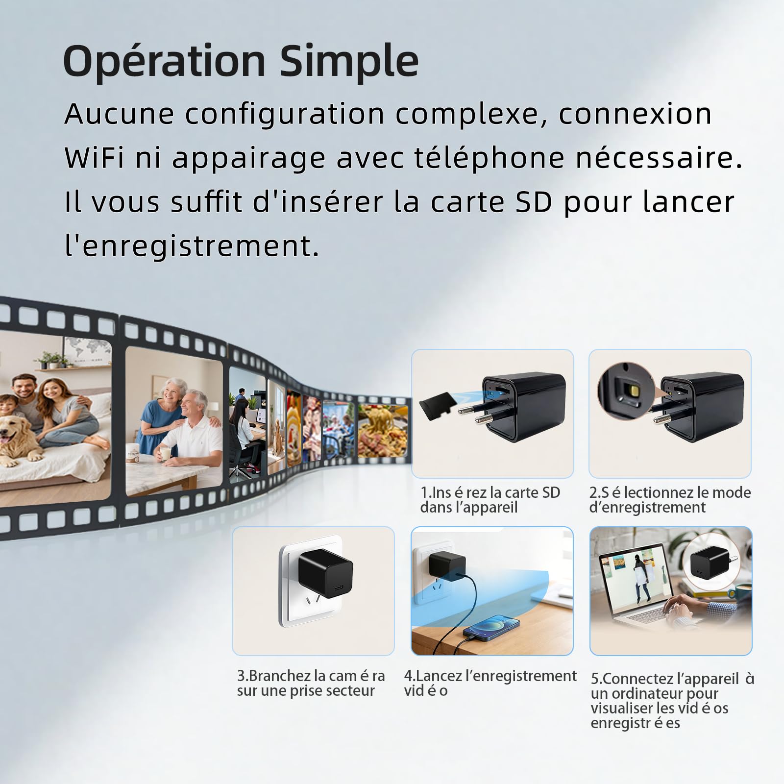 Mini caméra HD 1080P, caméra de sécurité domestique portable plug‑and‑play | détection de mouvement, idéale pour la surveillance 24h des enfants, animaux de compagnie, bureau et entrepôt, sans Wi-Fi.