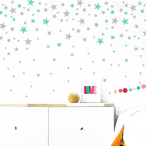 Vinilo decorativo para pared, diseño de estrellas de color gris y azul claro, para decoración de dormitorio
