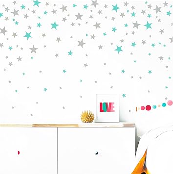 Stars Wall Decals Peel and Stick for Kids, Baby Bedroom Nursery and Living Room, Vinyl Wall Stickers Decor Grey and Light Blue