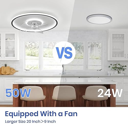 Miniatura 4 de Ventilador de techo de montaje empotrado de 20 pulgadas con luces y control remoto, 6 velocidades de viento, LED regulable para dormitorio,