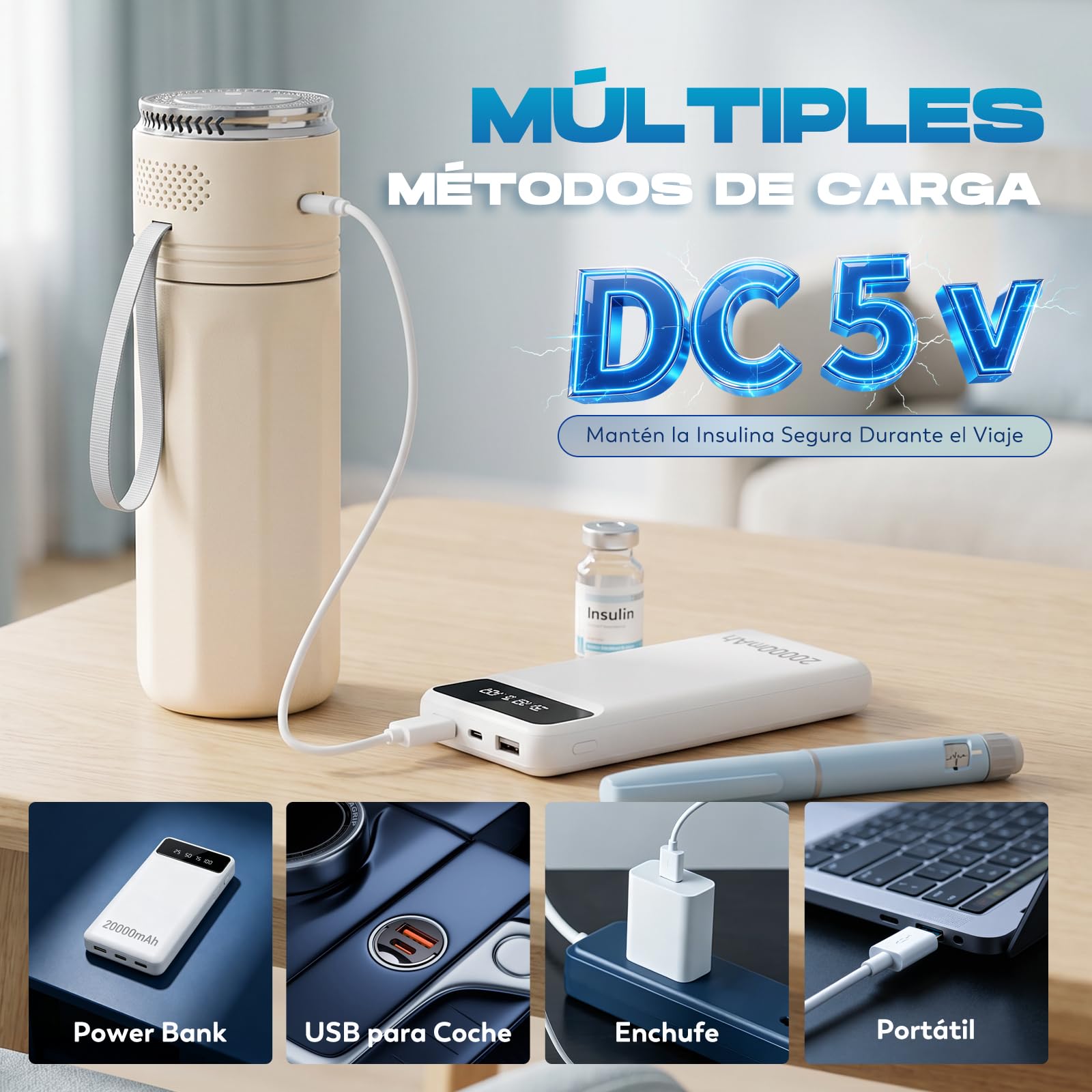 CGOLDENWALL Nevera eléctrica de insulina con indicador de temperatura, refrigeración USB de 2 – 20 °C, refrigerador portátil para viajes (blanco)