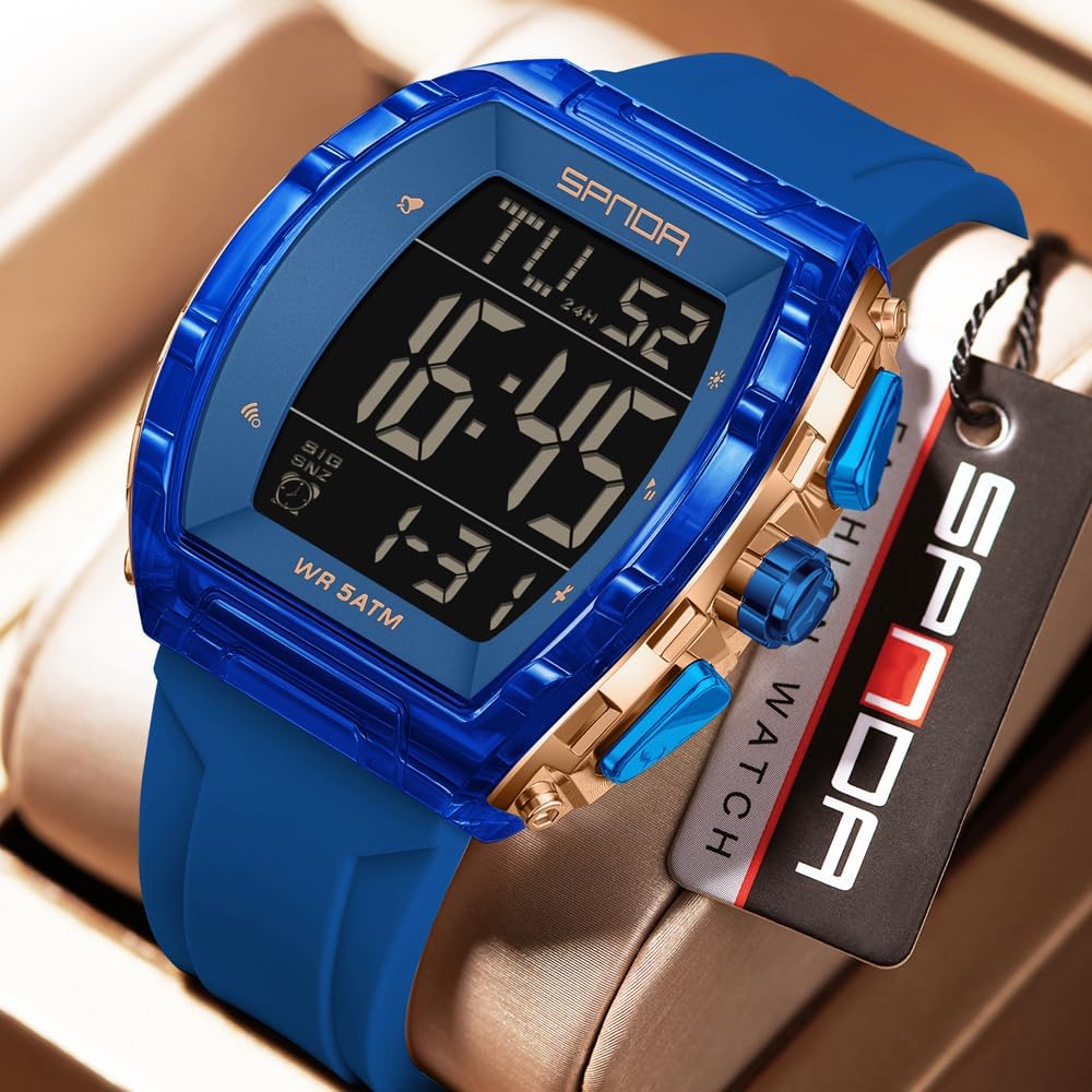 PASOY Luxury Men’s Digital Watch Tonneau Shape Dual Time 5ATM Waterproof Countdown Alarm LED Backlight Military Tactical Style Outdoor Sports Watches Wristwatch Gift-Ready Design Black and Gold